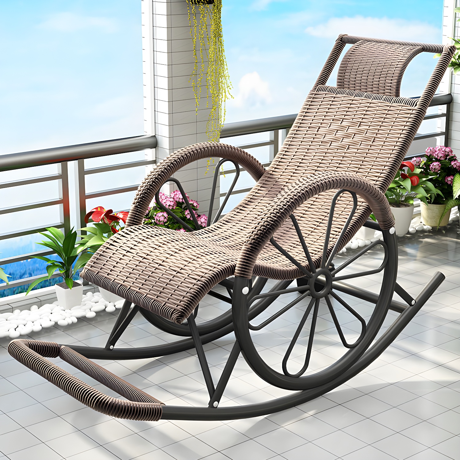 Modern Spindle Rattan Rocking Chair Metal Frame Wheel Handrail Design Rocker Chair - image 10