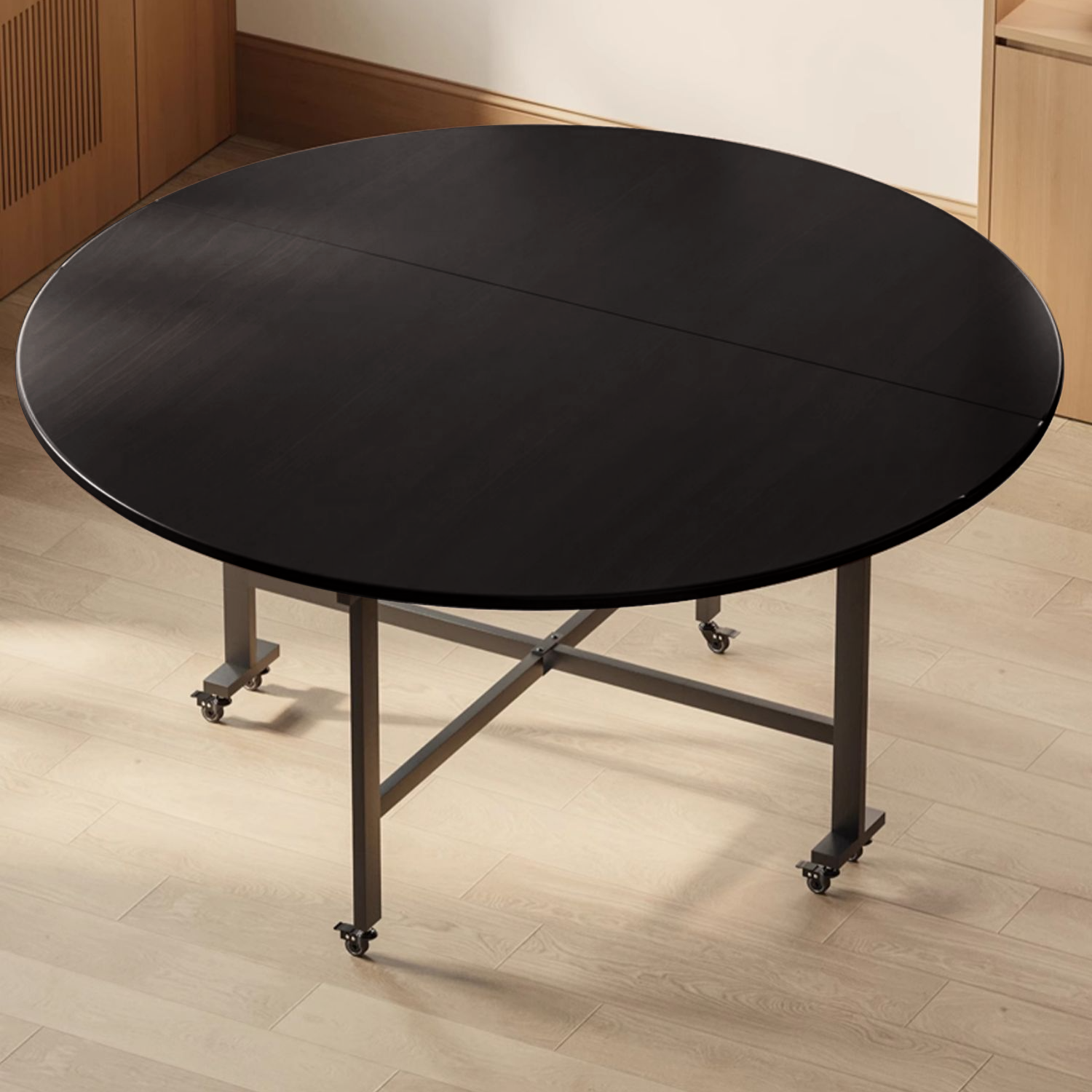 Contemporary Circular-shaped Dining Table with Timber Top in Brown, Extendable Feature - image 3