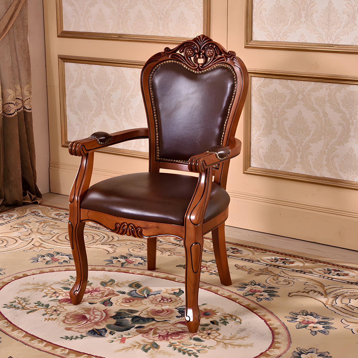 Leather High Back Dining Side Chair Kitchen Side Chair with Solid Wood Legs