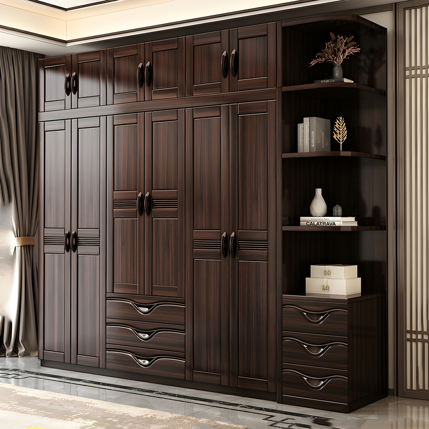 Traditional Black-brown Storage Wood Wardrobe with Clothing Rod and Shelves