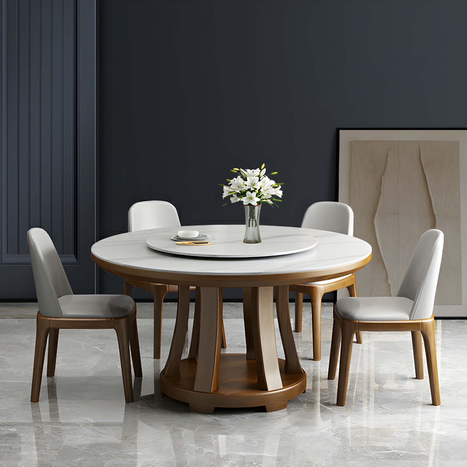 Modern Wood Dining Table Set with White Table top and Solid Wood Brown Base