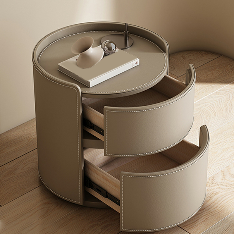 Modern Faux Leather Round Nightstand with 2 Drawers in Under 21 in. Narrow Size - image 15