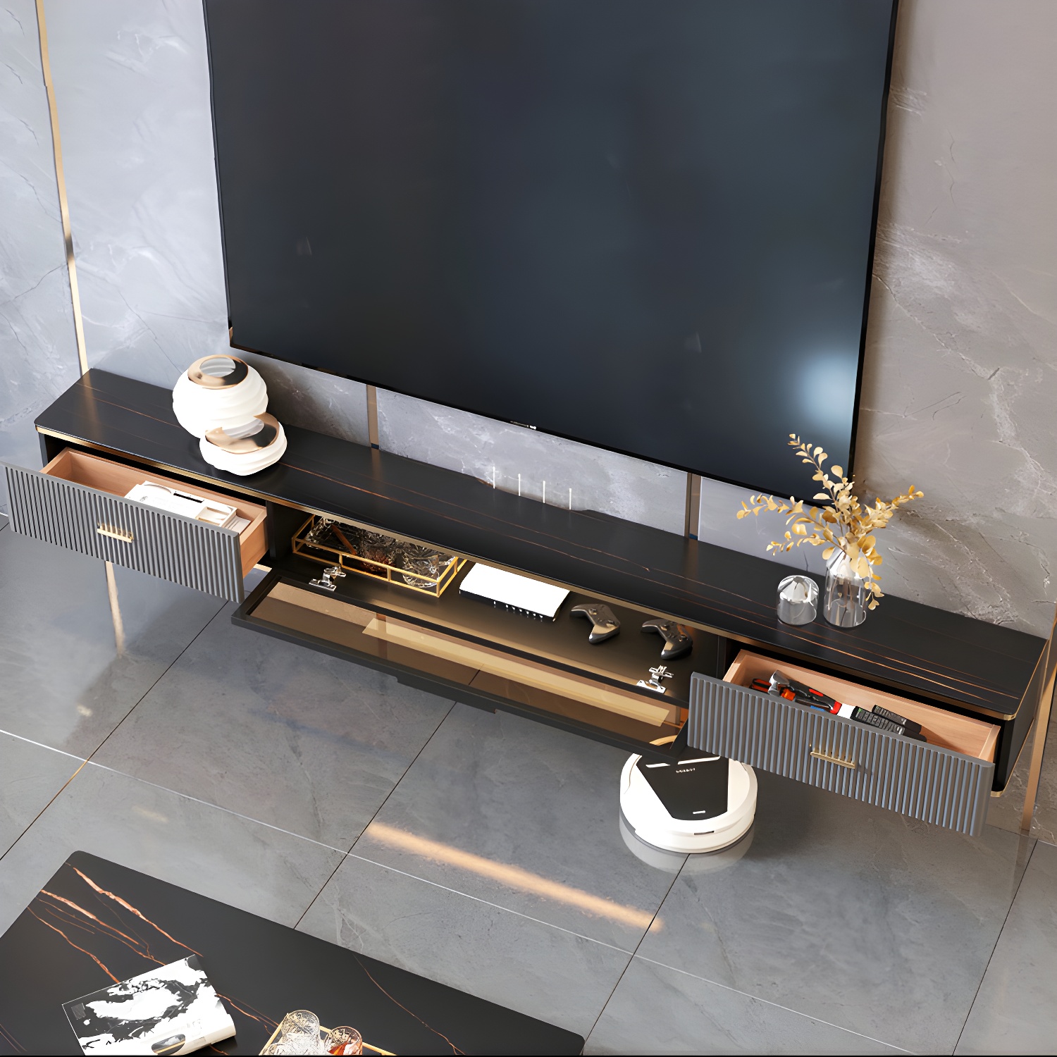 Glam Floating TV Media Stand with Drawers Stone and Wood TV Stand - image 6
