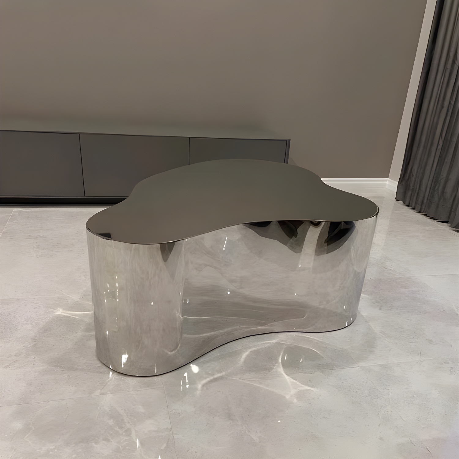 Silver Modern Coffee Table with Free Form Metal Top and Abstract Stainless Steel Base - image 11