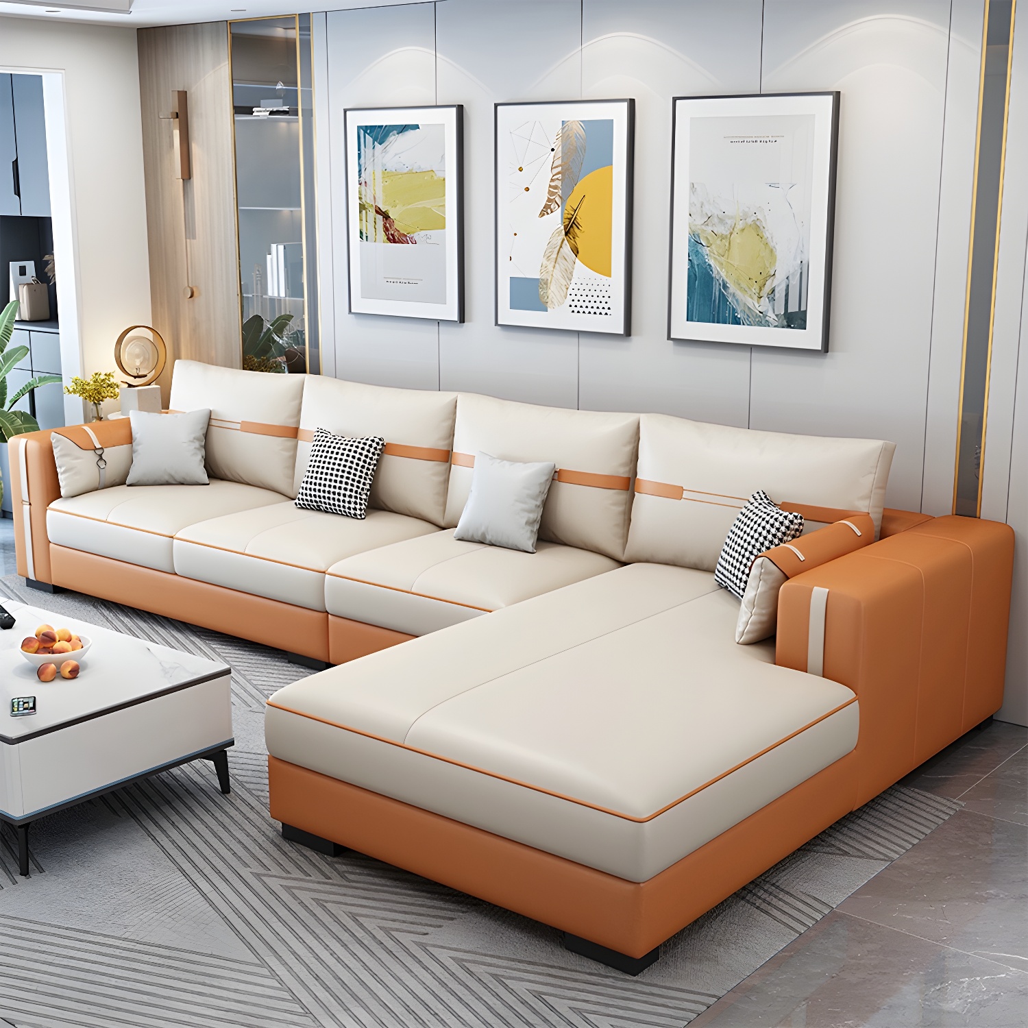 Scandinavian Wood Frame Beige Faux Leather Stationary Sectional Sofa with Cushion Back