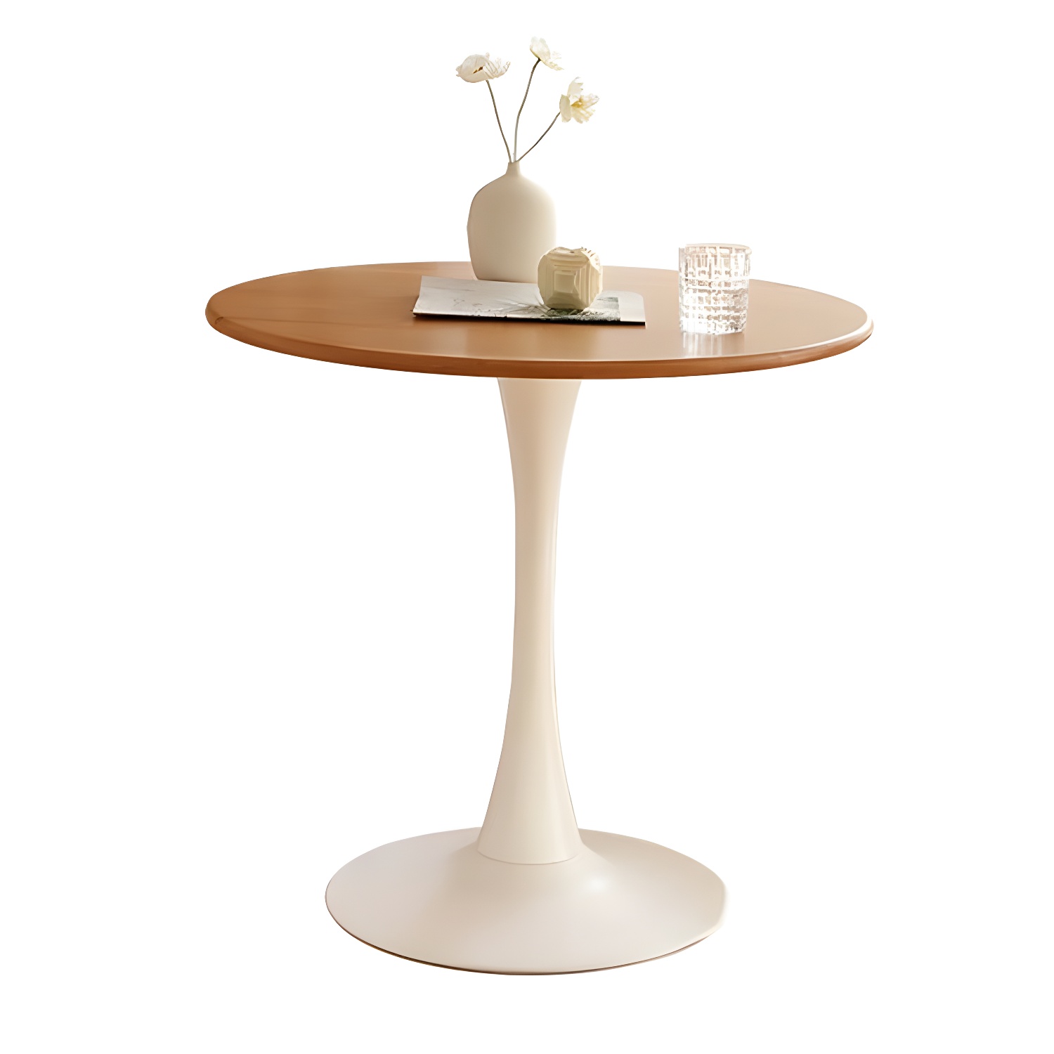Chic Round Wood Dining Table with Medium Wood Tone and Sleek Steel Tulip Base