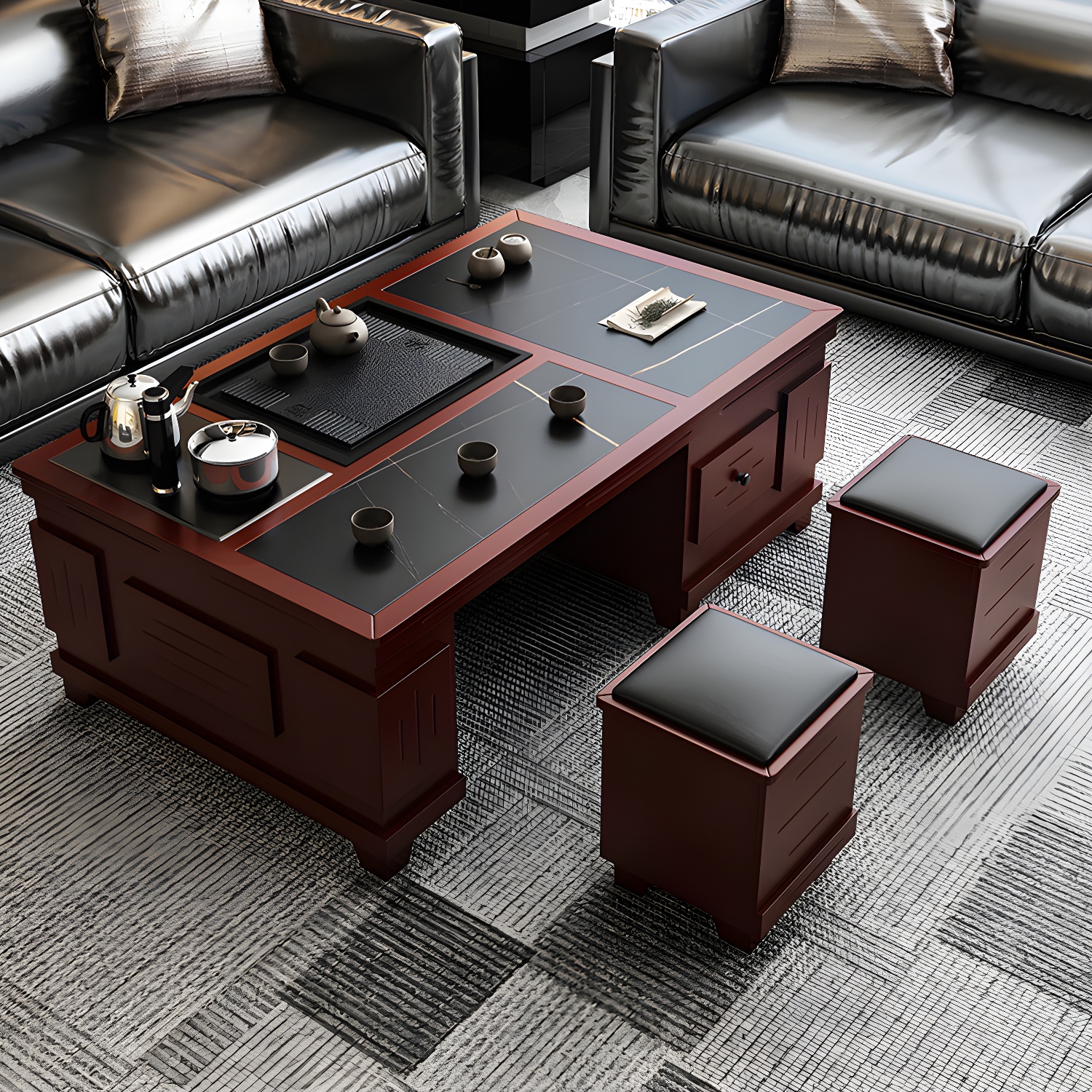 Abstract Slate Coffee Cocktail Table with Storage Drawers Rectangle - image 4