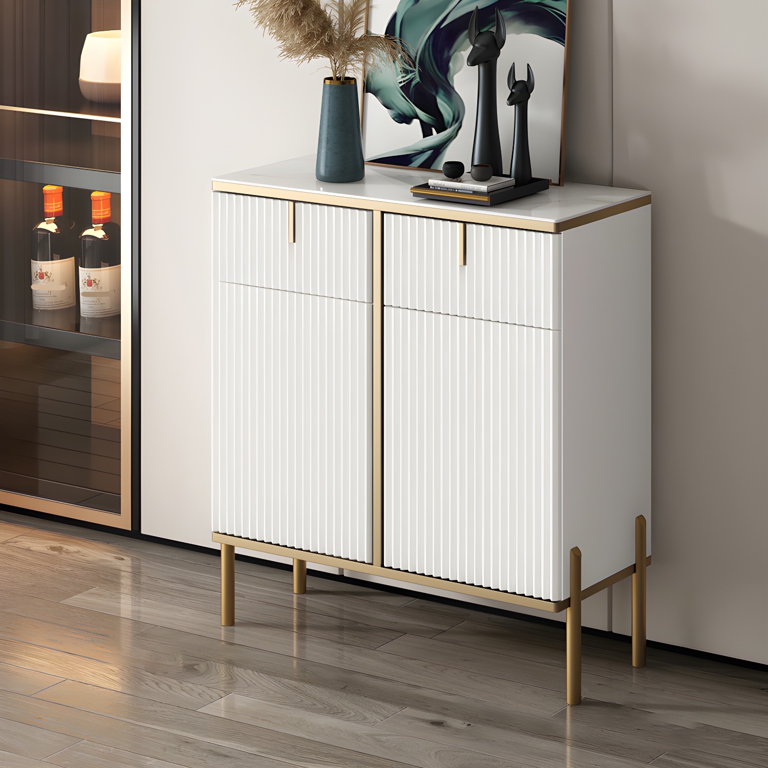 Glam Style Sideboard Stone Side Board with Drawers and Cabinets - image 4