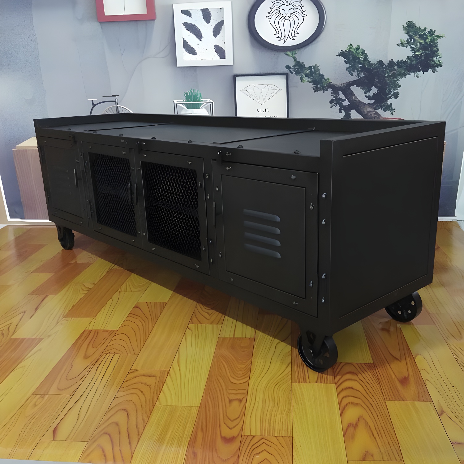 Metal Black TV Cabinet Industrial Style Home TV Stand Console with Casters - image 4