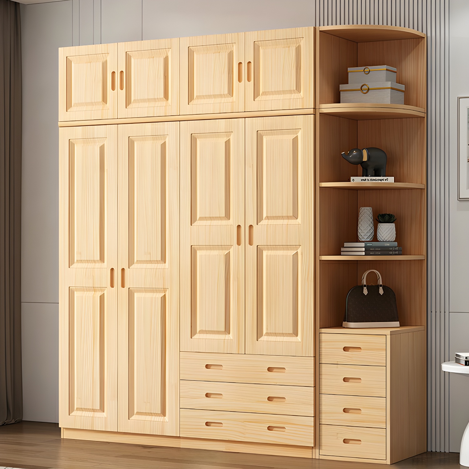 Modern Natural Pine Wardrobe Armoire with Drawers and Clothing Rod