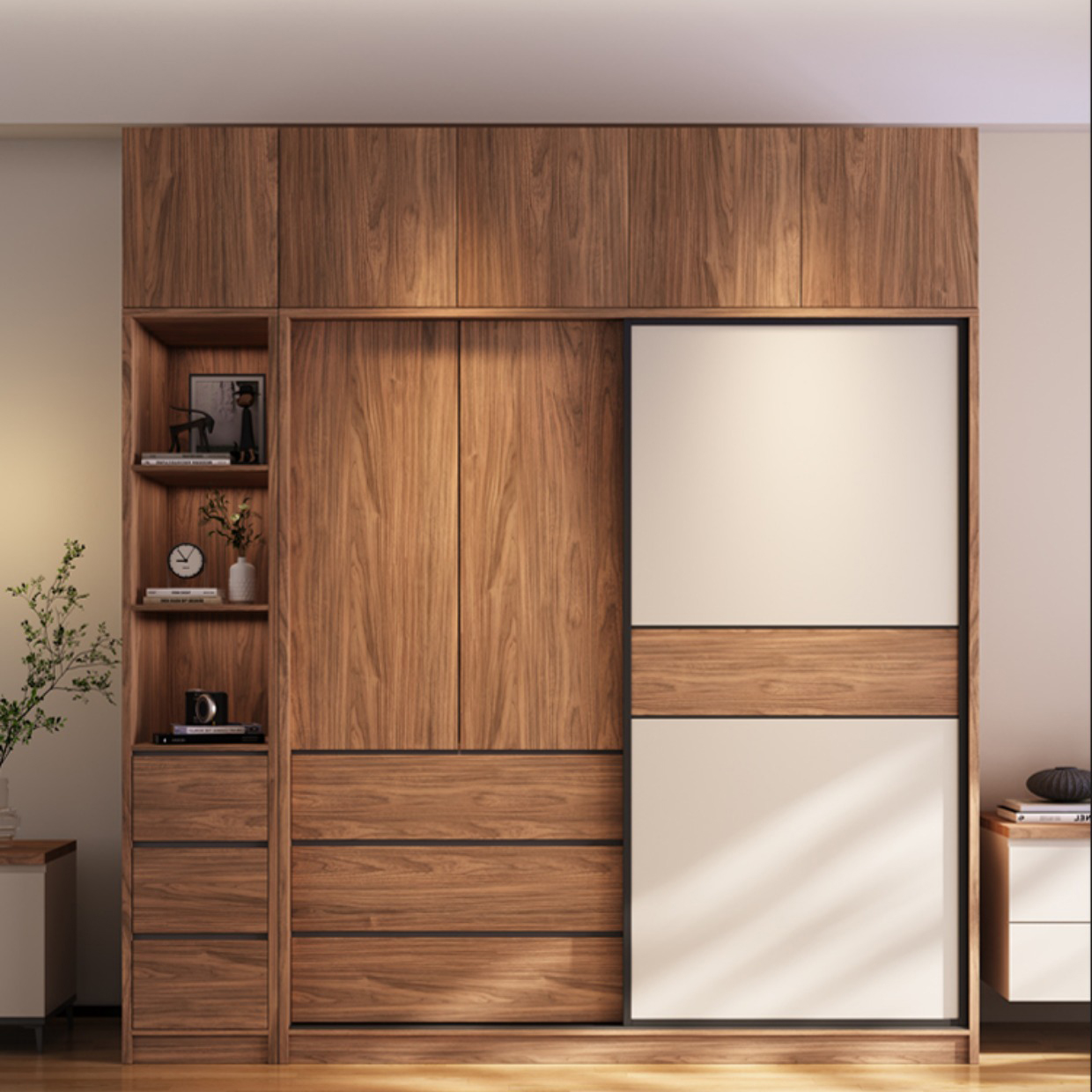 Modern Freestanding Wardrobe Brown Wood Wardrobe Armoire with Drawers - image 10
