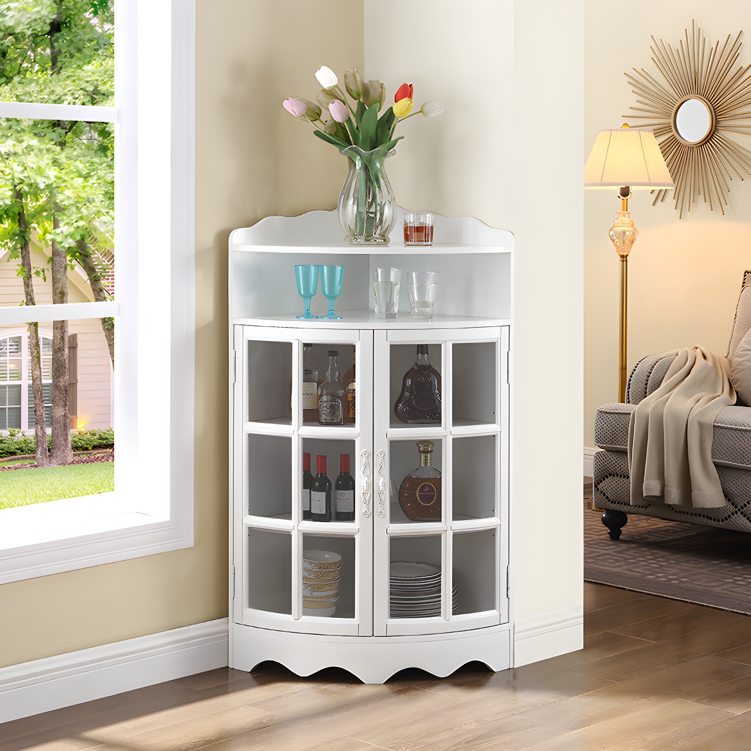 Corner Mid-Century Modern Accent Cabinet with Wood Countertop and Glass Doors - image 4