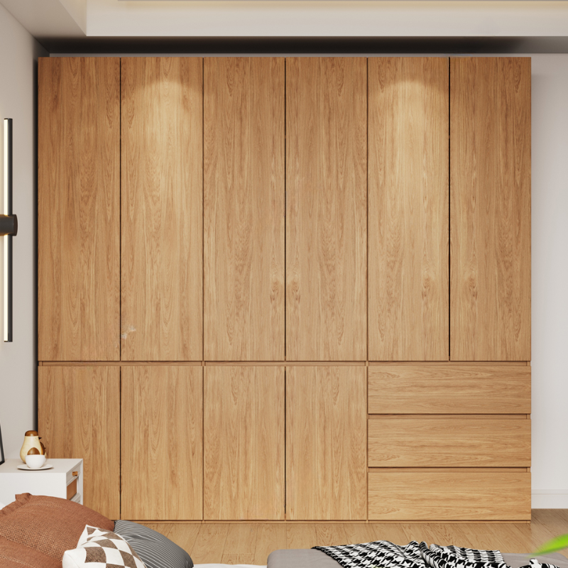 Wood Grain Minimalist Laminate Wardrobe Closet with Soft Close Drawer, Soft Close Door, Interior Shelves, and Clothing Rod