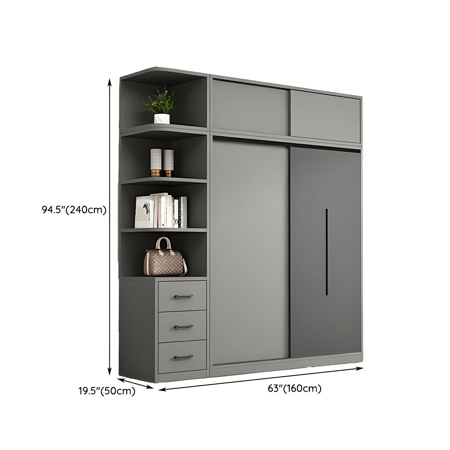 Contemporary Wood Grey Cloth Rod Included Wardrobe with Shelves - image 28