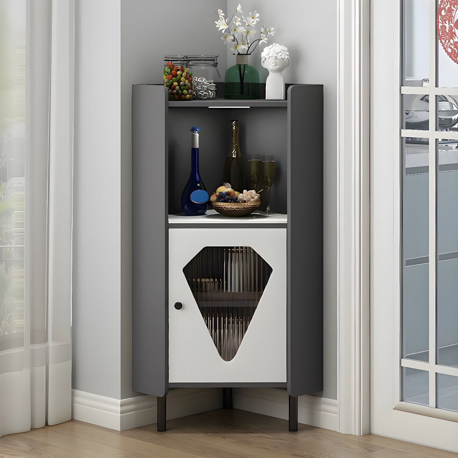 Glam Corner Accent Cabinet with Glass Doors and Wood Countertop in Small (Under 24 in.) Length