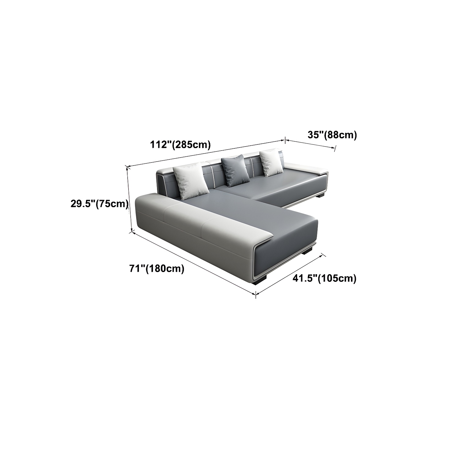 Faux Leather Sofa & Chaise with Pillows Modern U Sofa in Gray - 29.53" H - image 25