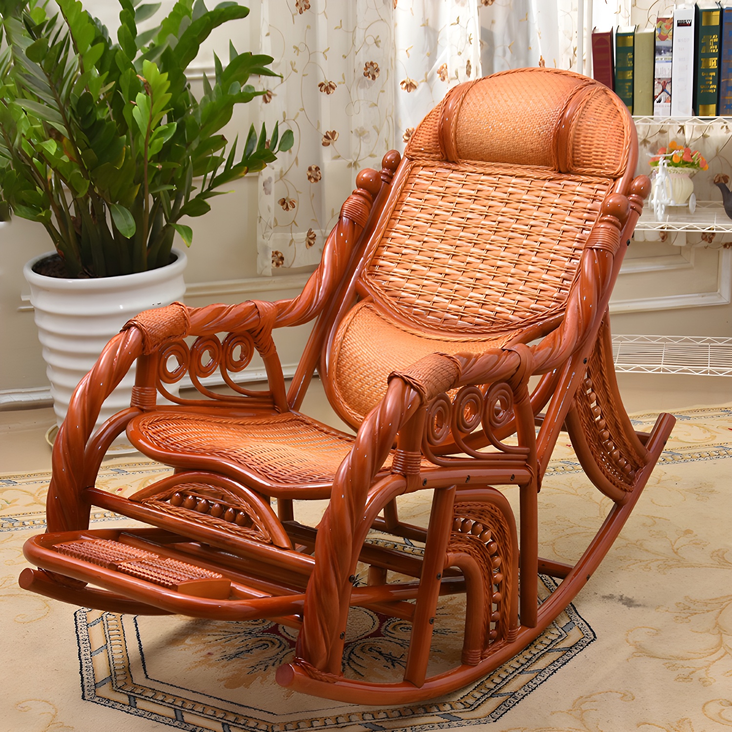 Traditional Spindle Rocking Chair Tobacco Finish with Pillow Rocker Chair Wicker - image 5