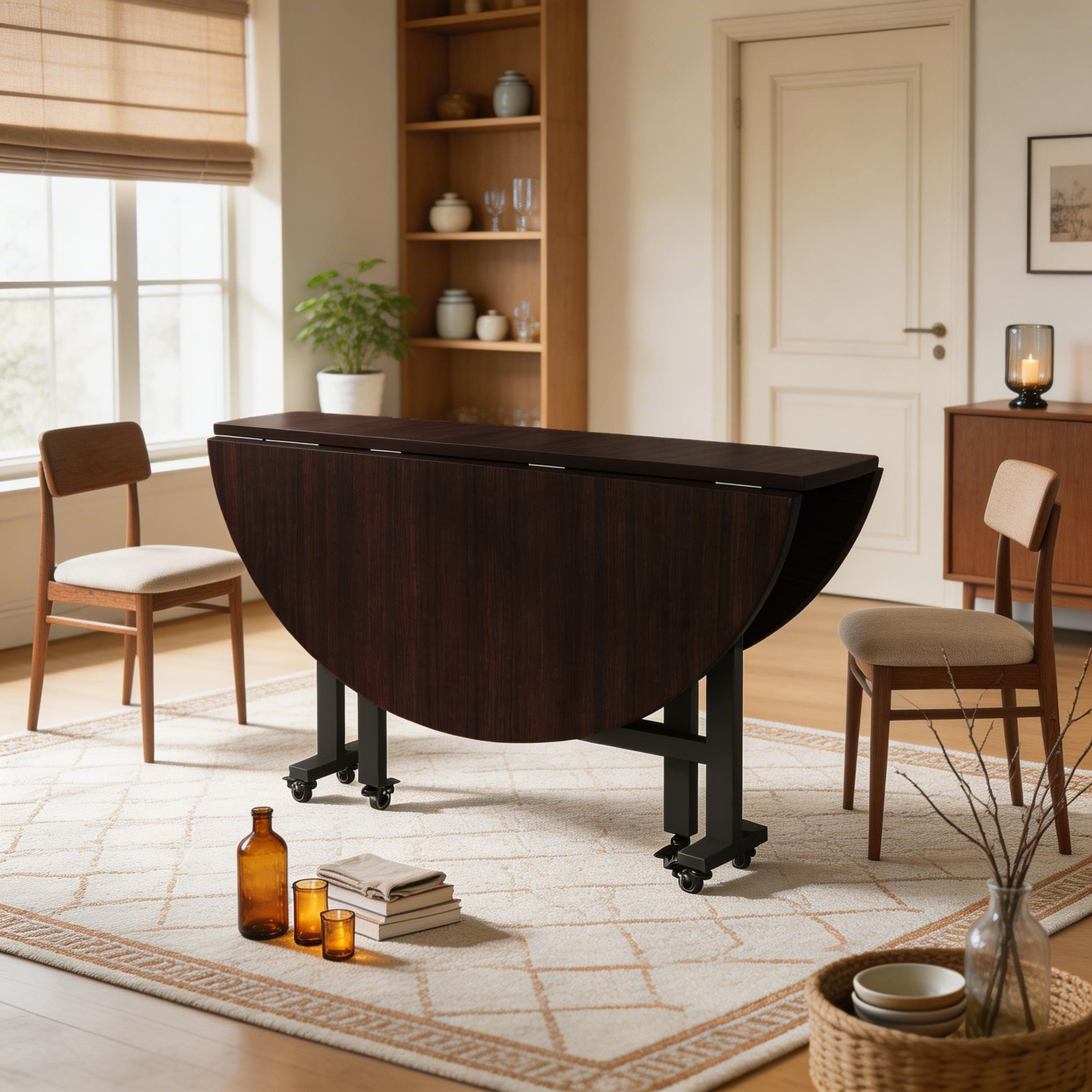 Simple Circular Weathered Wood Dining Table with MDF Top and Extendable Leaf Mechanism - image 12