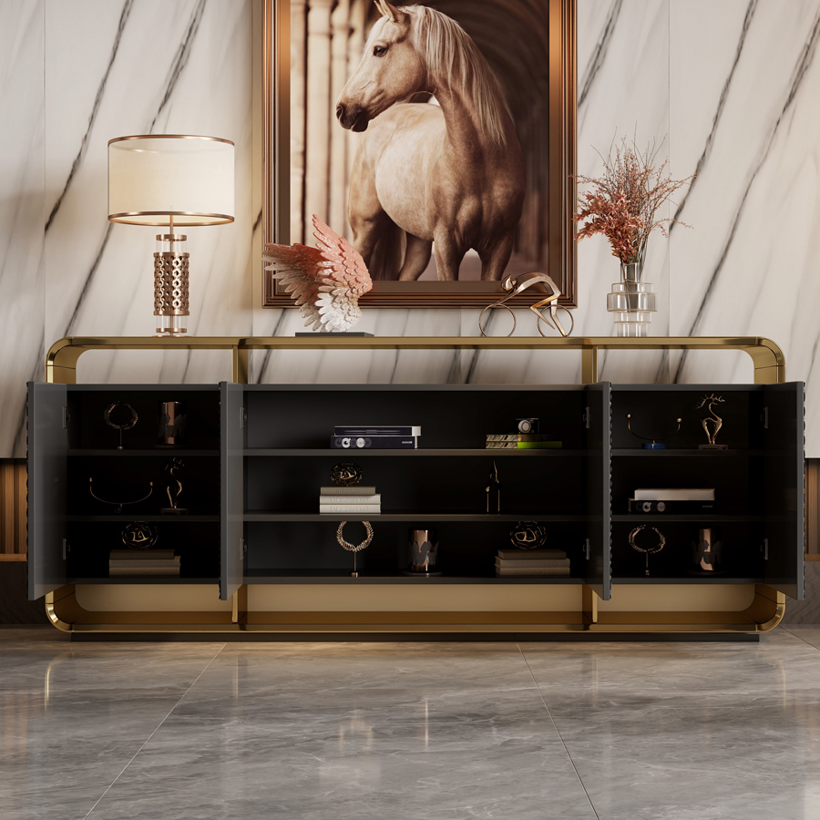 Self-supporting Metal Framed Wood Sideboard with Extreior 3 Shelves and a Counterboard in a Lavish Style - image 4
