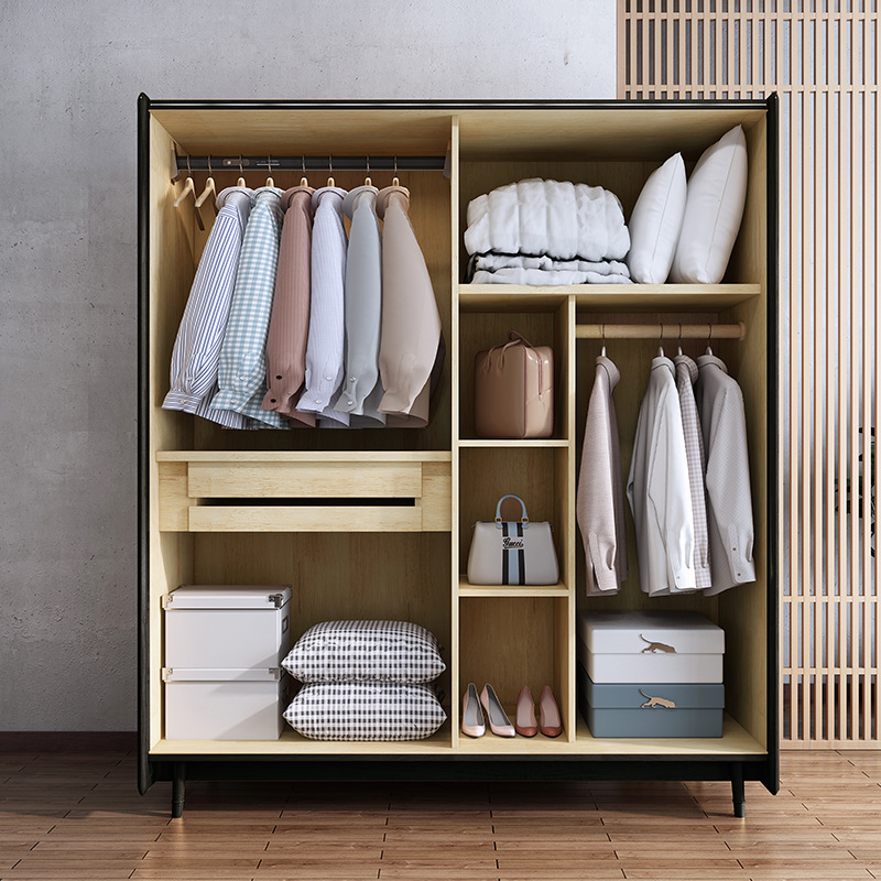 Ink Lumber Wardrobe Armoire with Compartments, Interior Shelves, and Hanging Rod