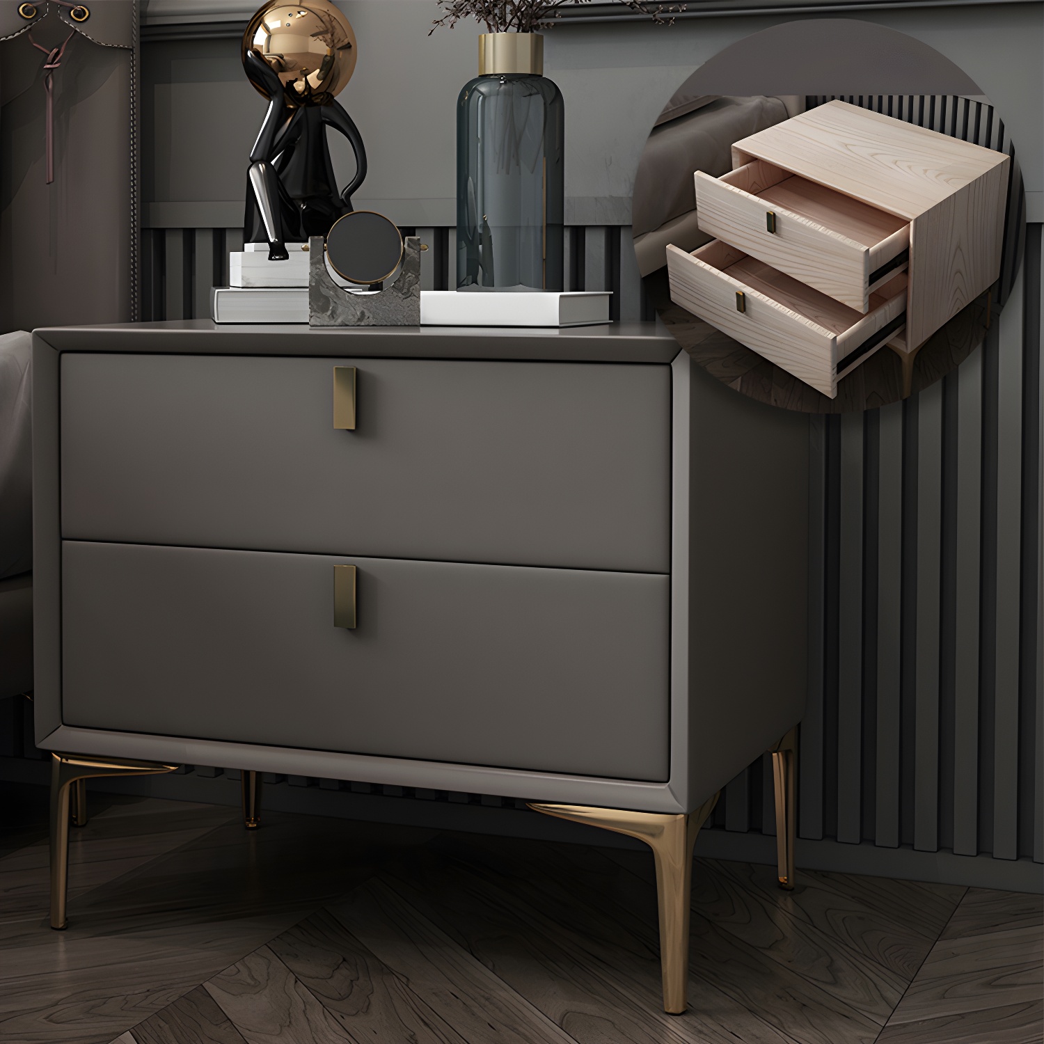 2 Drawer Solid Wood Modern Night Table Drawer Storage Bed Nightstand - image 4
