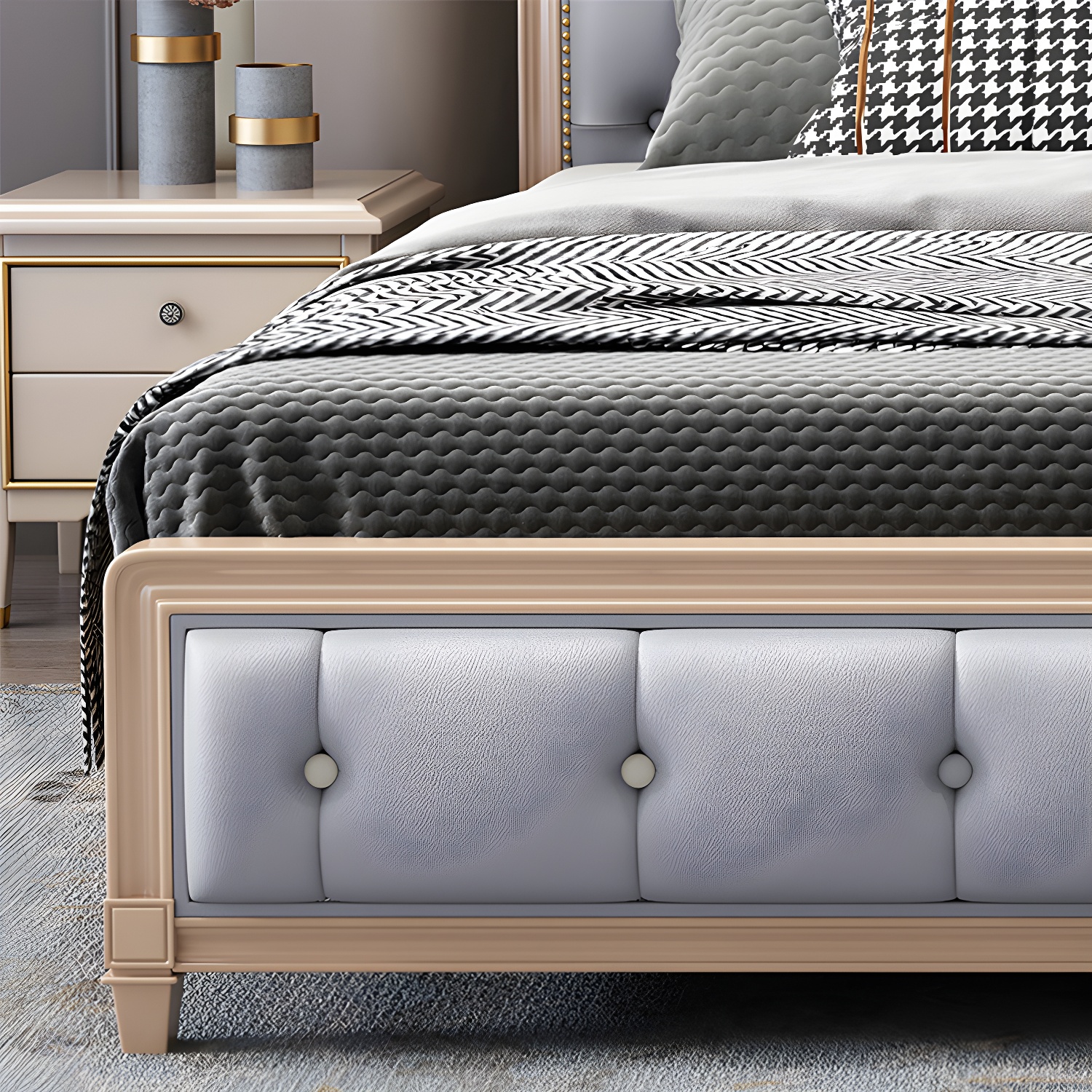 Tufted Upholstered Panel Bed with Nailhead Trim Victorian Solid Wood Bed Frame - image 6