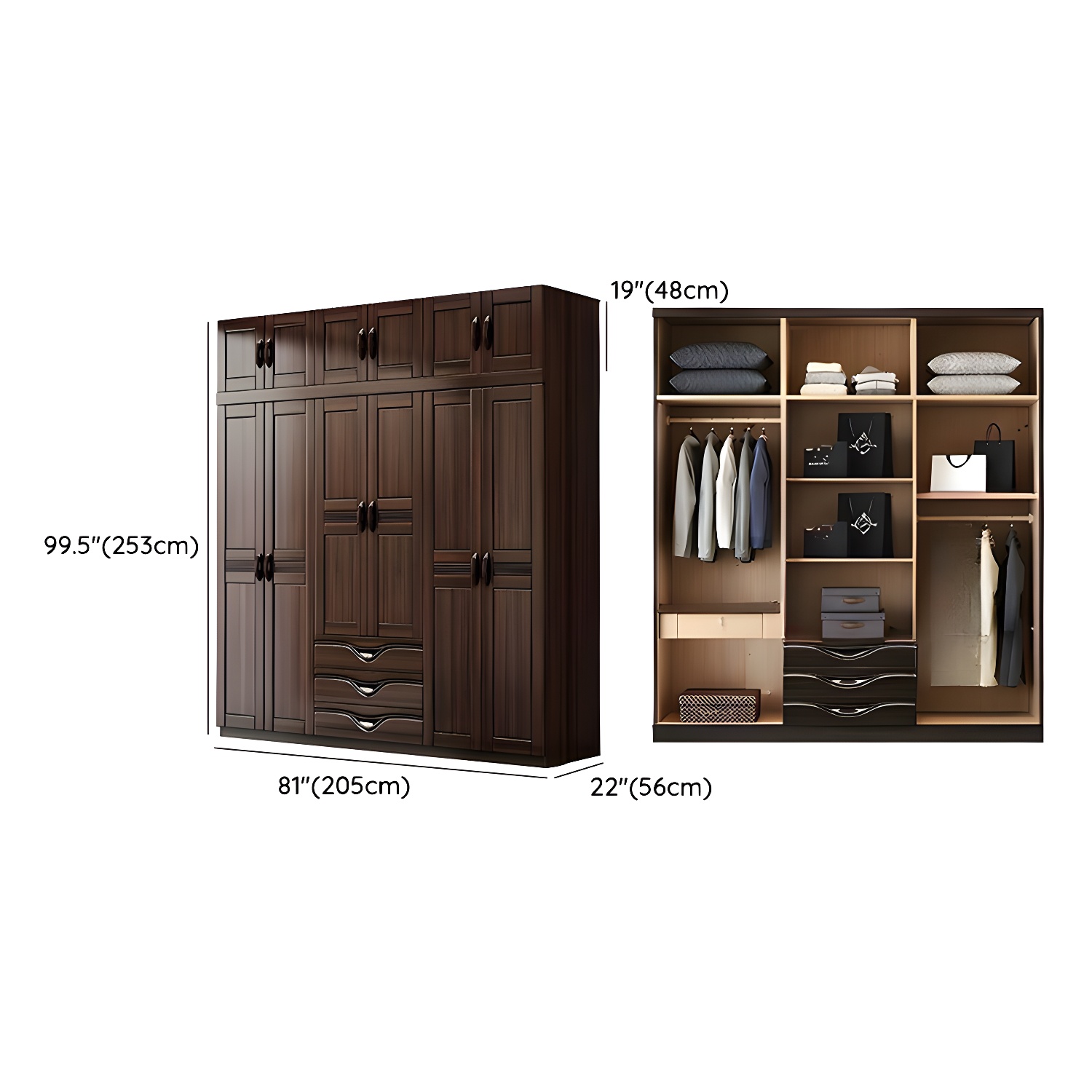 Traditional Black-brown Storage Wood Wardrobe with Clothing Rod and Shelves - image 20