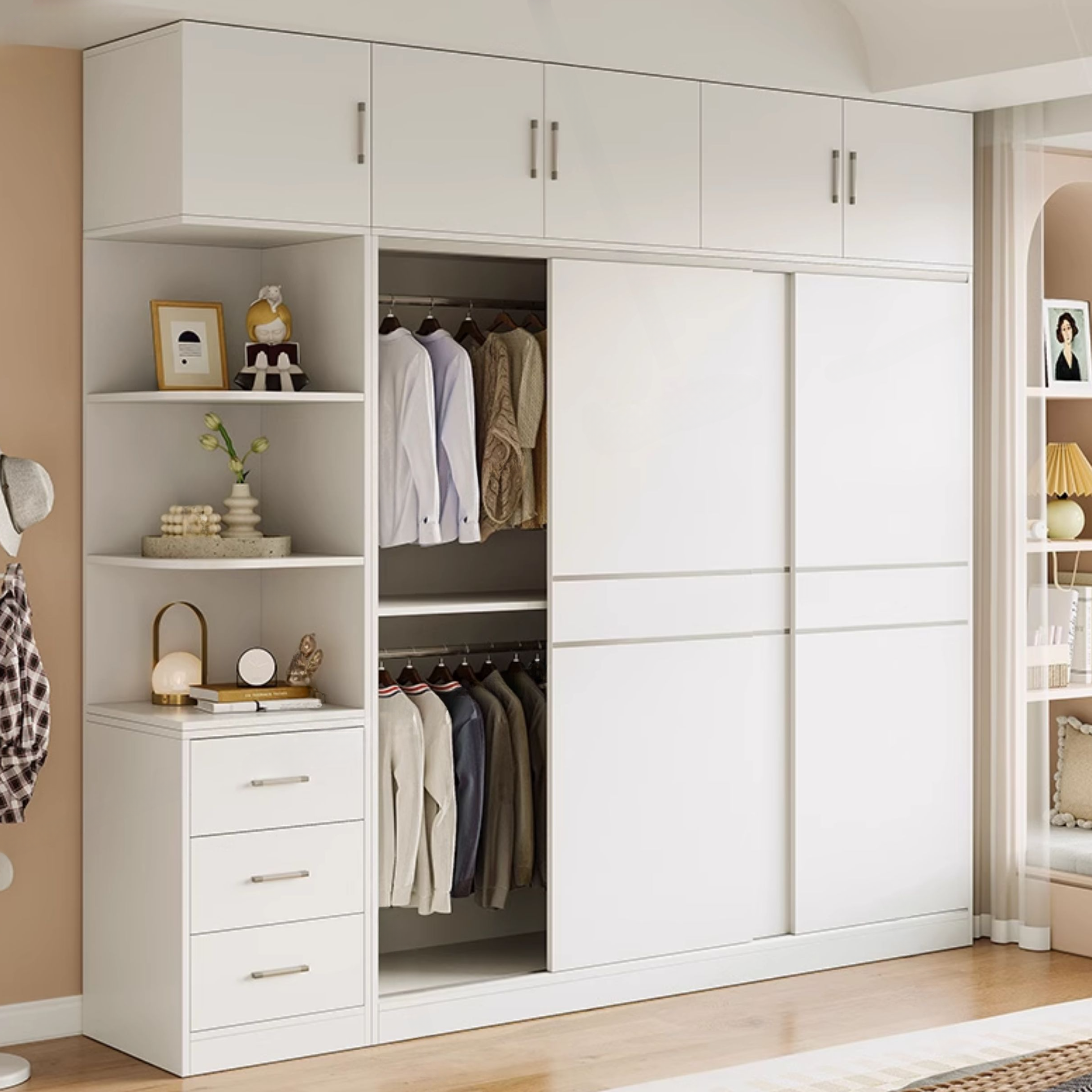 White Modish Manufactured Wood Independent Cabinet Armoire with Soft Close Drawer and Door, Interior Shelves