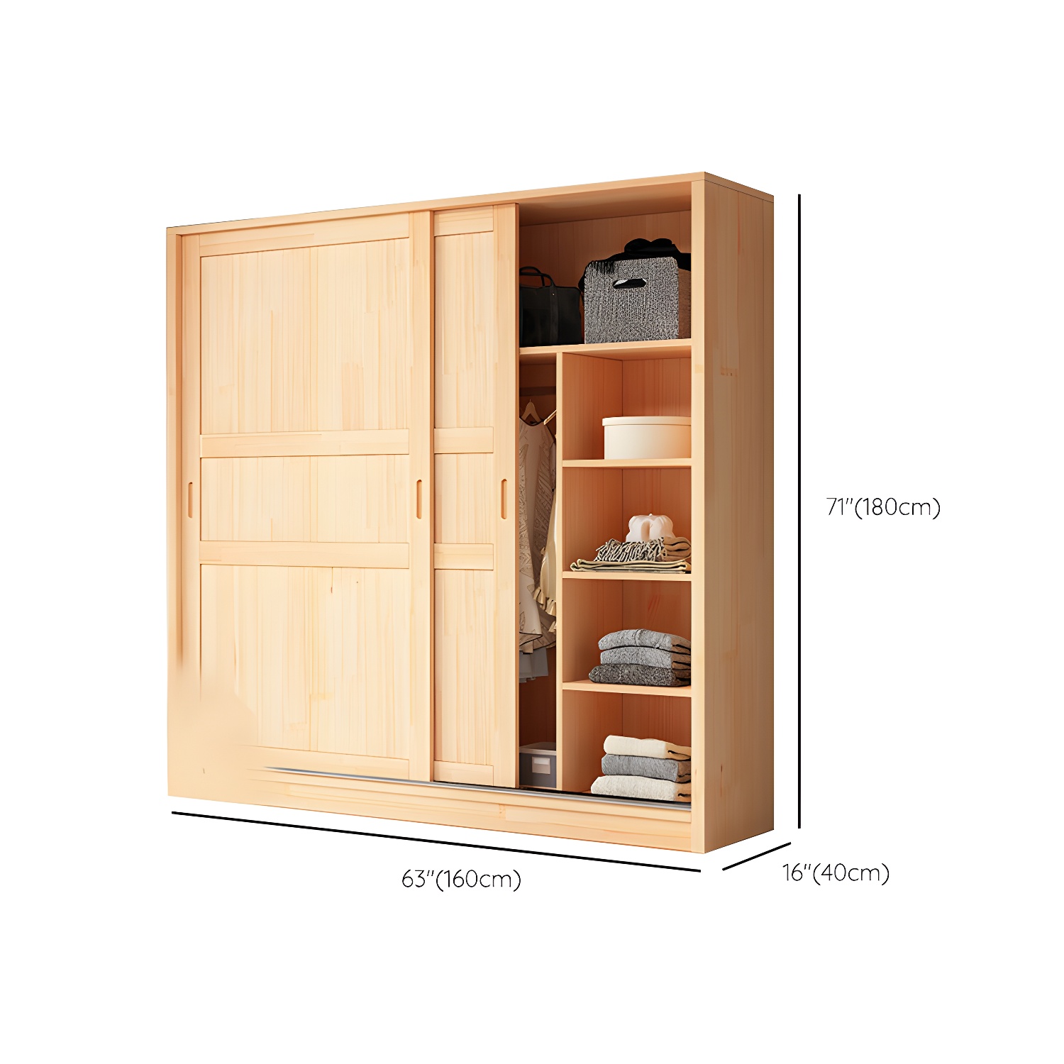 Natural Pine Solid Wood Wardrobe Freestanding Wardrobe with Sliding Doors - image 15