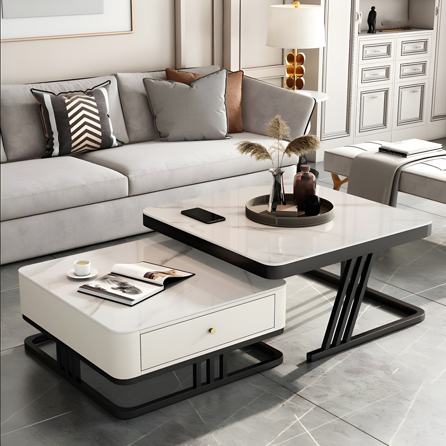 Modern Round Glass / Slate Cocktail Table Steel Frame Coffee Table with Drawer - image 10