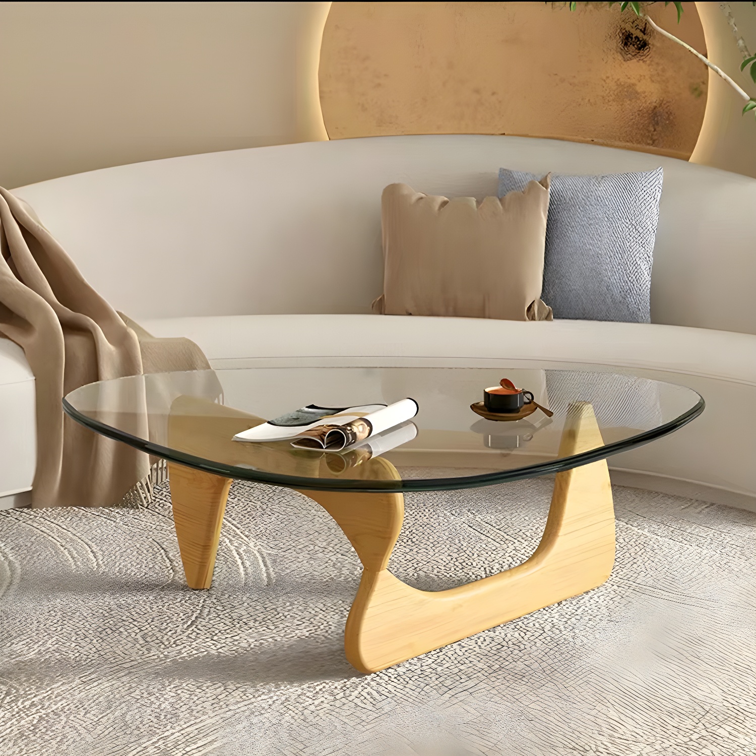 Contemporary Abstract Wooden Base Irregular Glass Top Coffee Table