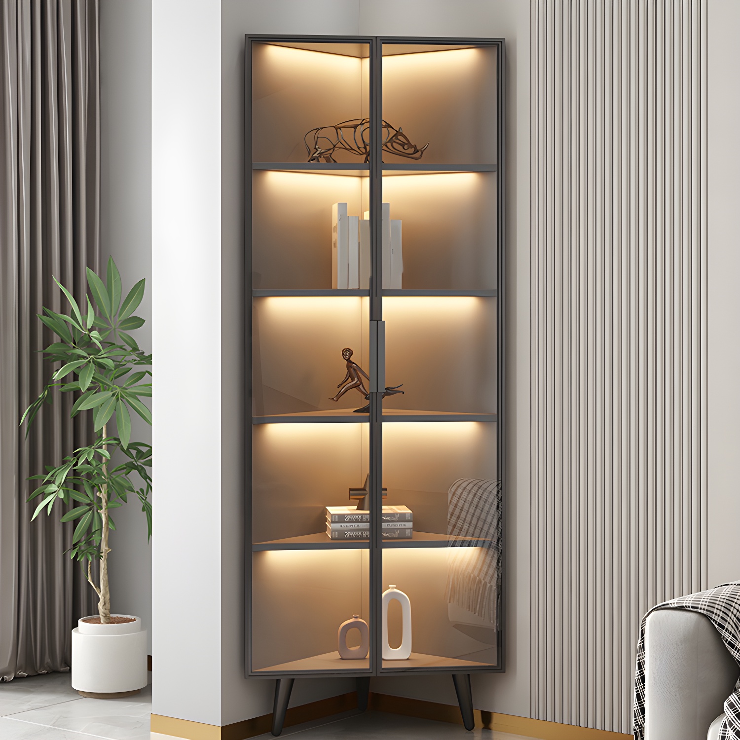 Corner Modern Accent Cabinet with Black Metal Base and Glass Doors, Black Wood Counter Top - image 12