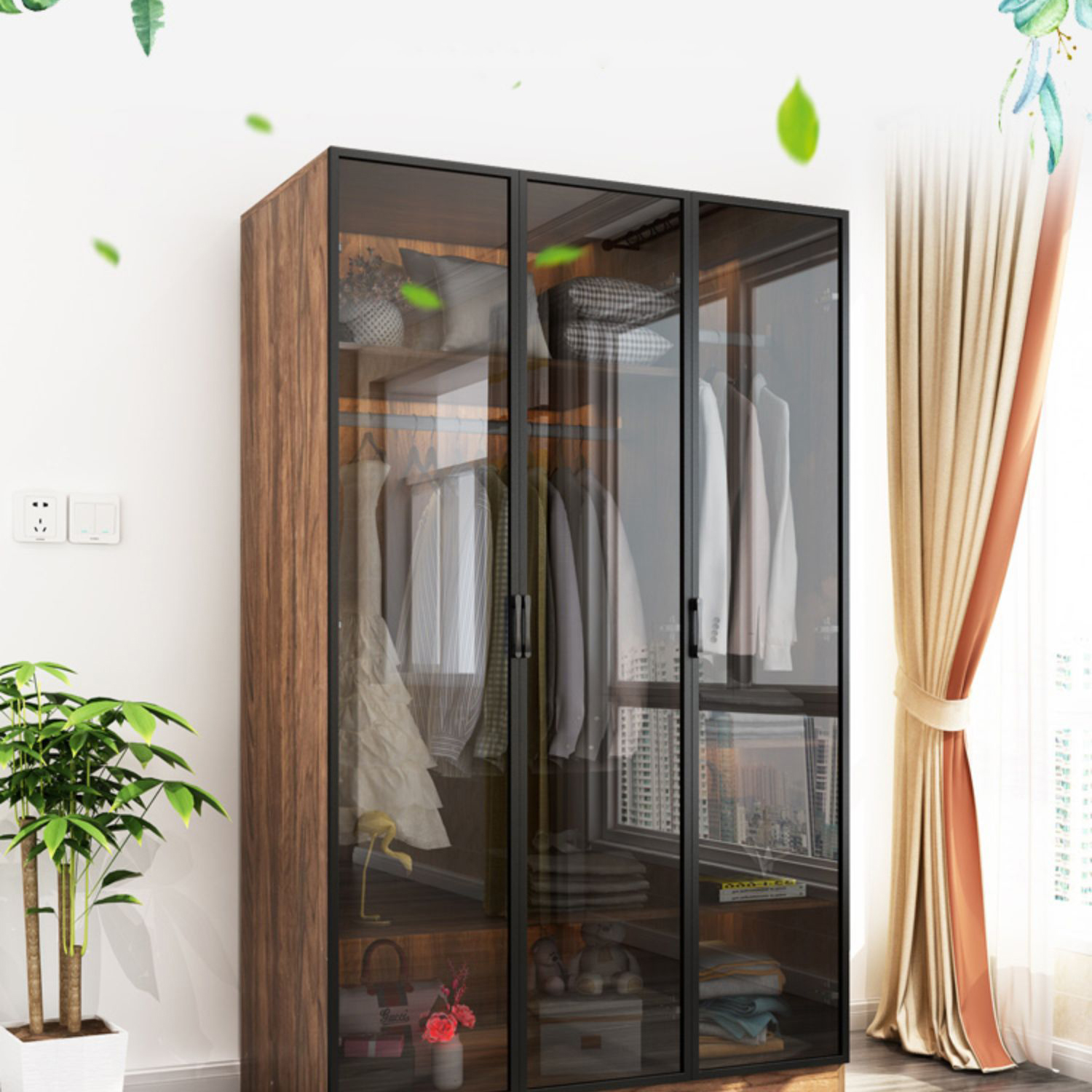 Modern Freestanding Wardrobe Armoire Tempered Glass Doors Wardrobe with Shelves - image 4