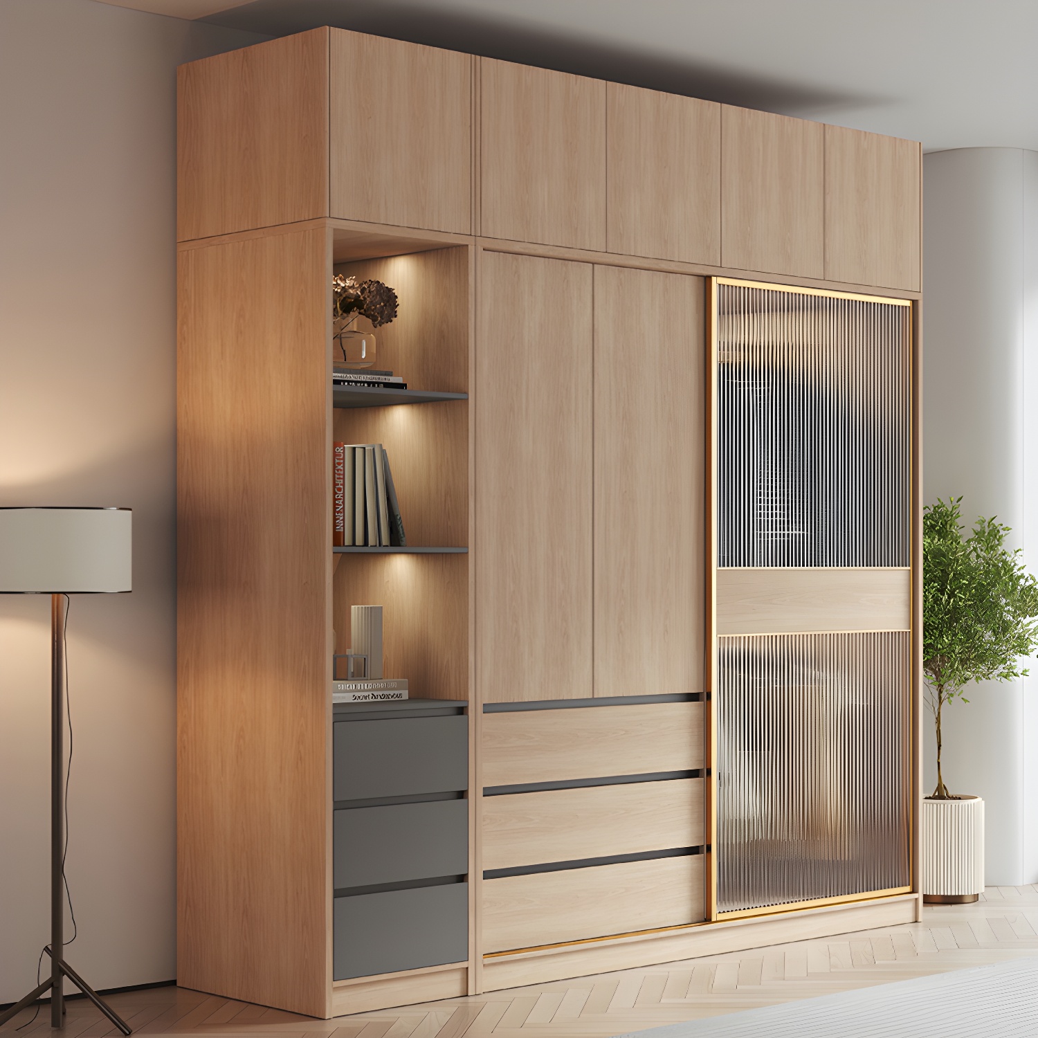 Contemporary Glass Sliding Doors Wardrobe Natural Wood Wardrobe with Drawers - image 3