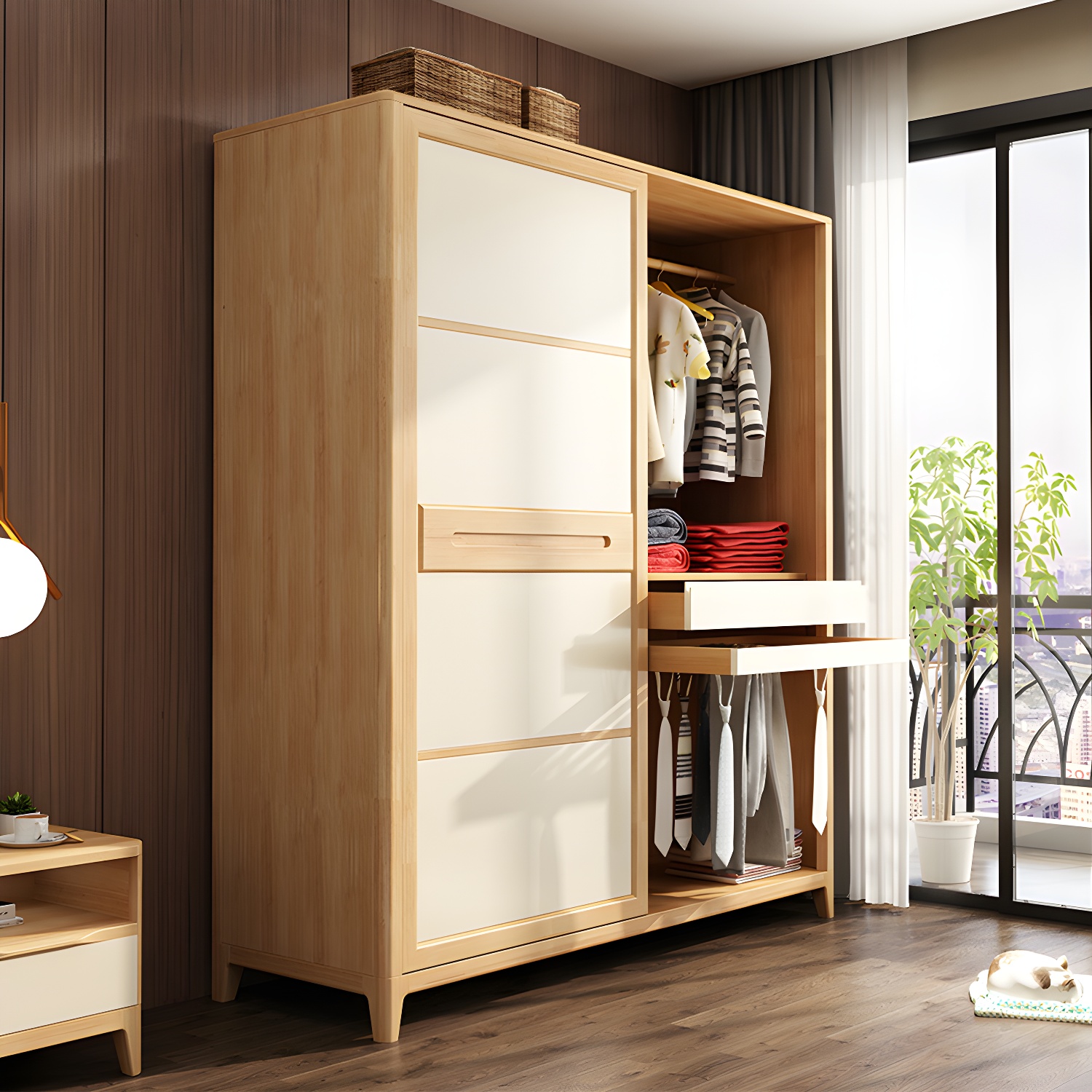 Modern Style Wardrobe Cabinet Wood Clothes Rail Wardrobe Armoire with Shelves - image 5