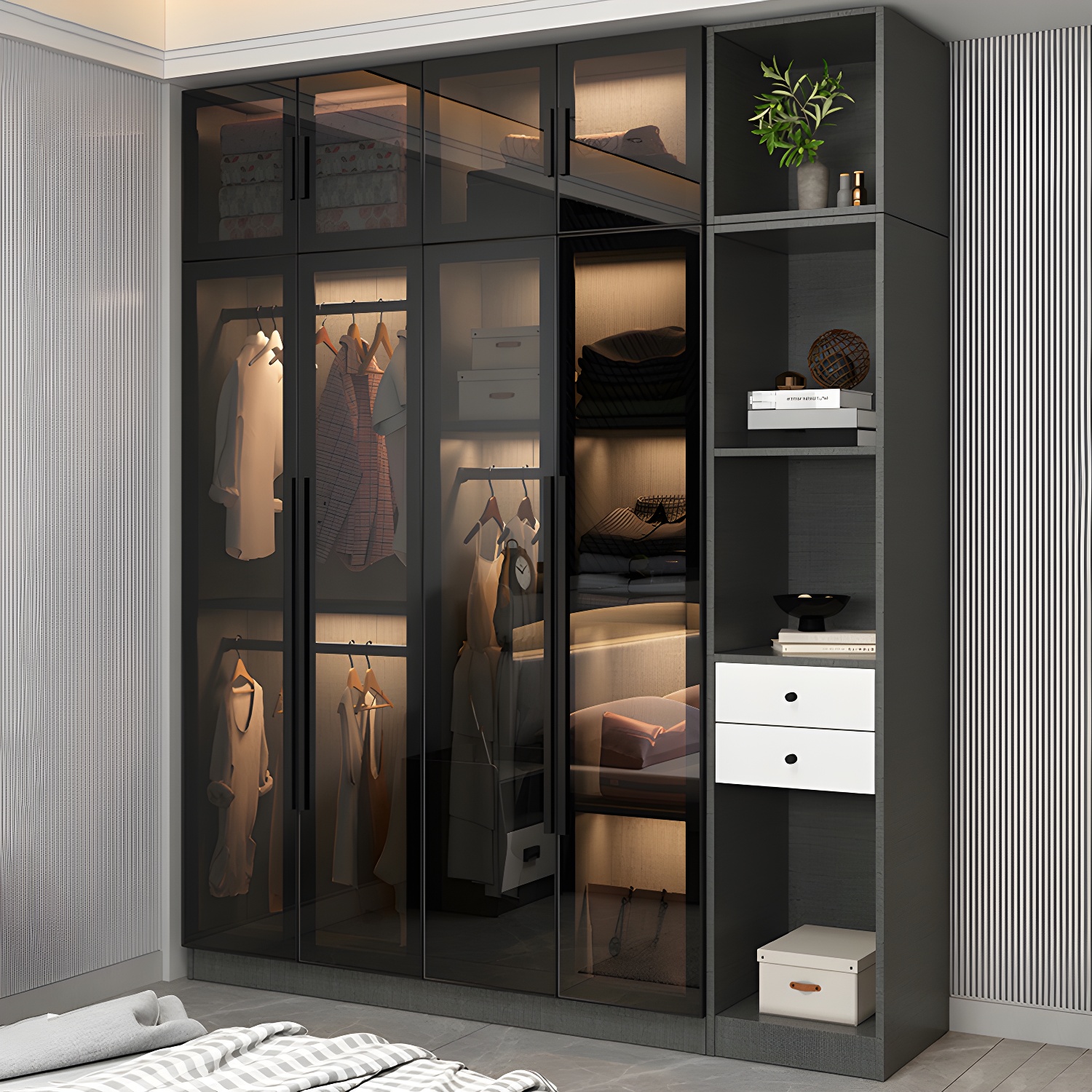 Black Glass Wardrobe Armoire Modern Style Wardrobe for Bedroom - image 15