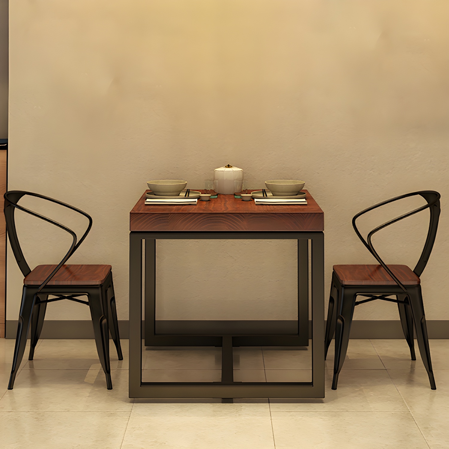 Solid Wood Top Dining Table Industrial Square Black Iron Trestle Base Table - image 3