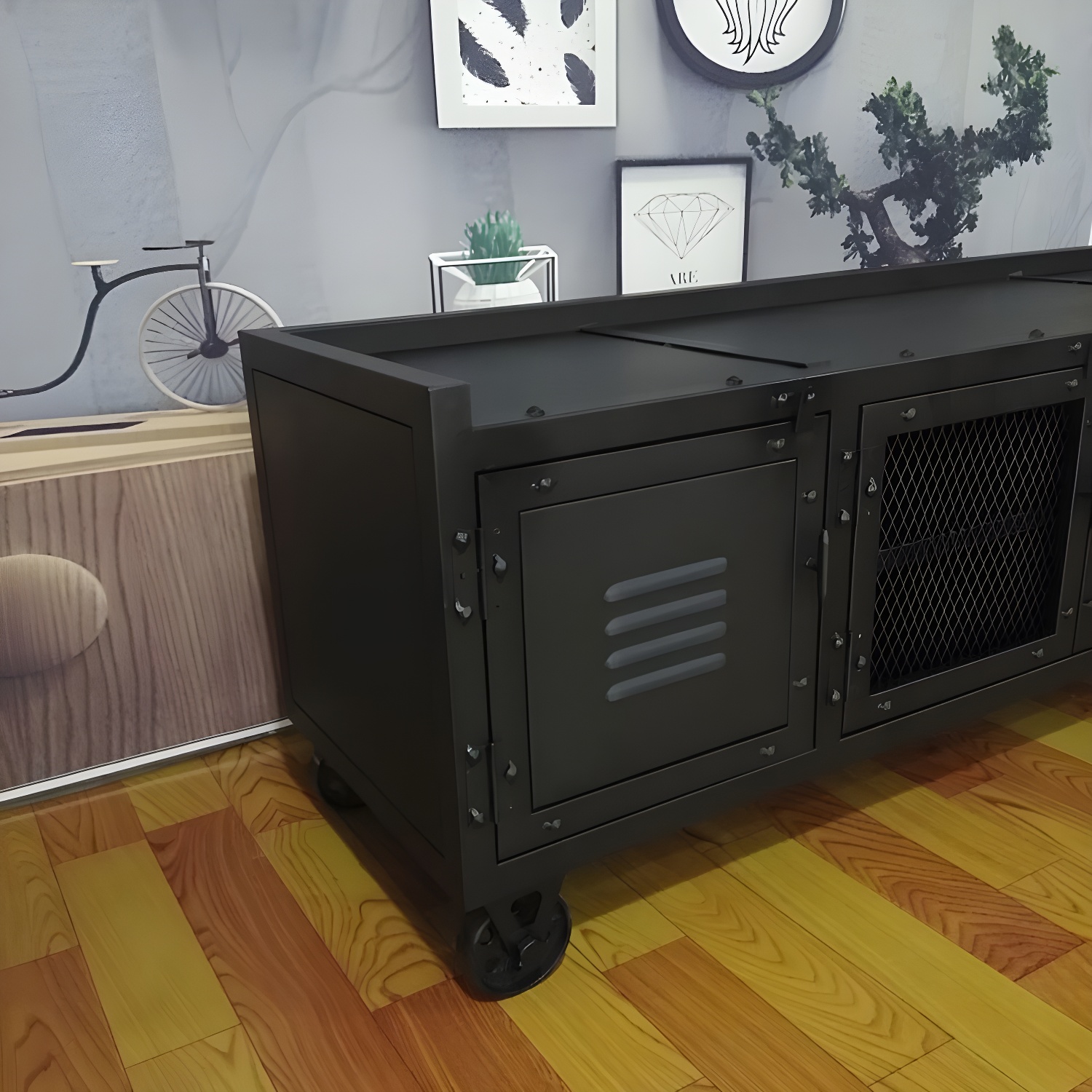 Metal Black TV Cabinet Industrial Style Home TV Stand Console with Casters - image 8