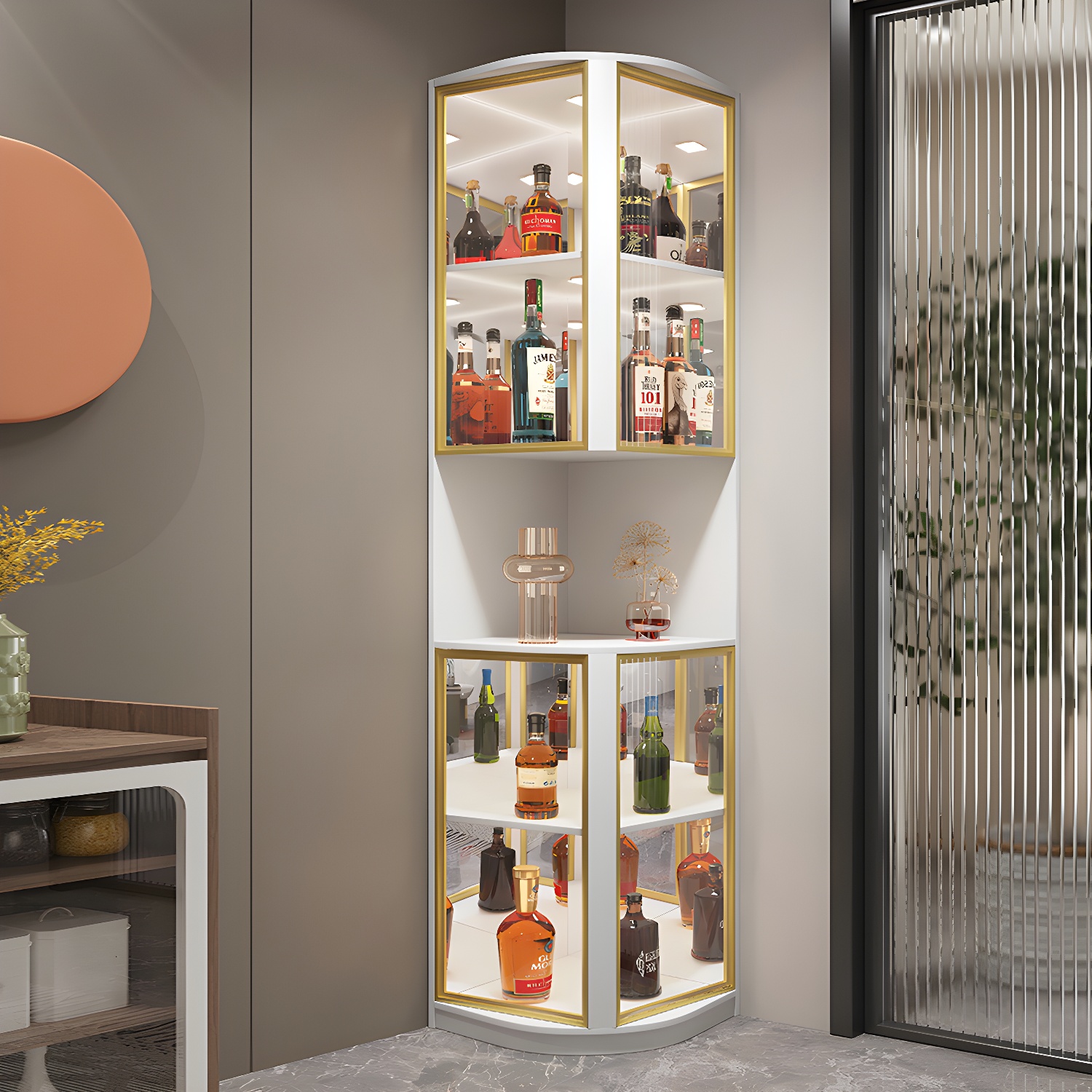 Modern Gray Corner Accent Cabinet with Glass Doors and 2 Shelves - image 4