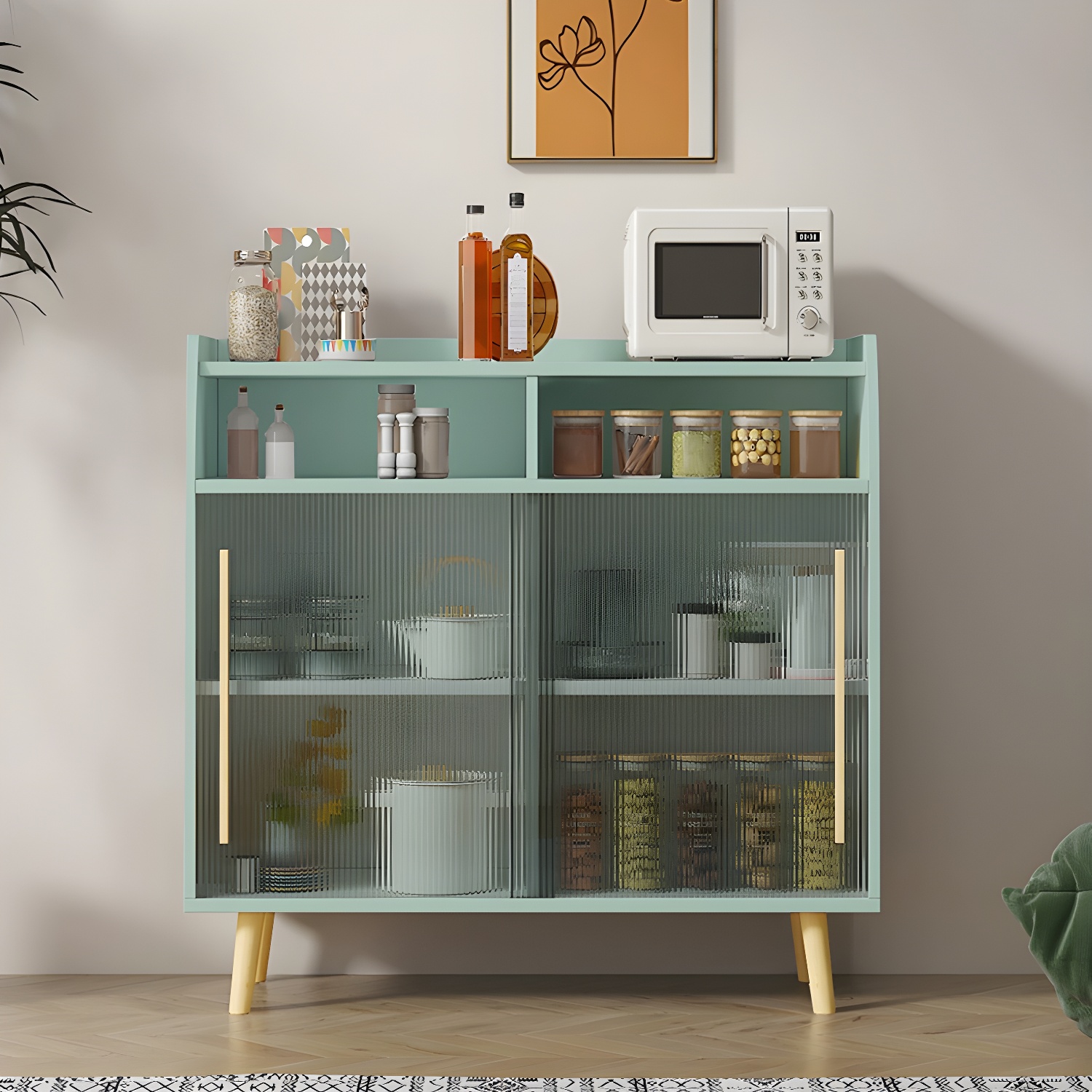 Scandinavian Wood Sideboard Credenza with Acrylic Doors and Cabinet Storage - image 6