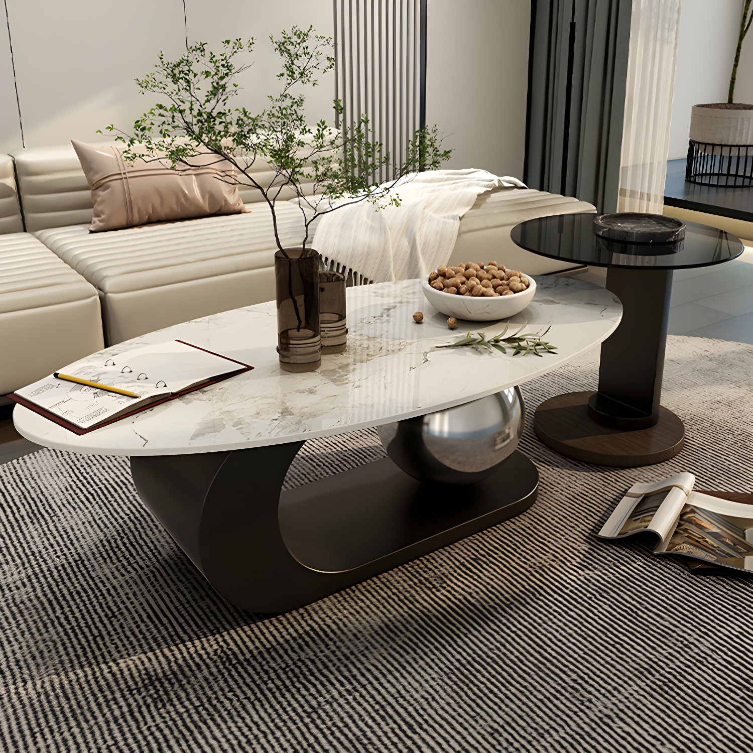14"H Glam Coffee Table Slate Oval Pedestal Coffee Cocktail Table - image 6