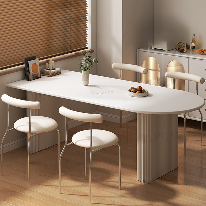 Minimalist Dining Table Set with White Slate Top and Two-sided Pedestal Base, Featuring a Fixed Table - image 6