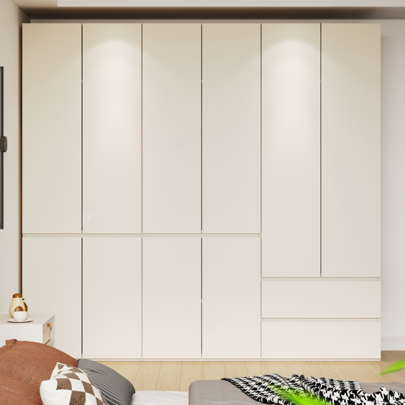 White Minimalist Manufactured Wood Independent Wardrobe Closet with Soft Close Drawer, Soft Close Door, and Interior Shelves
