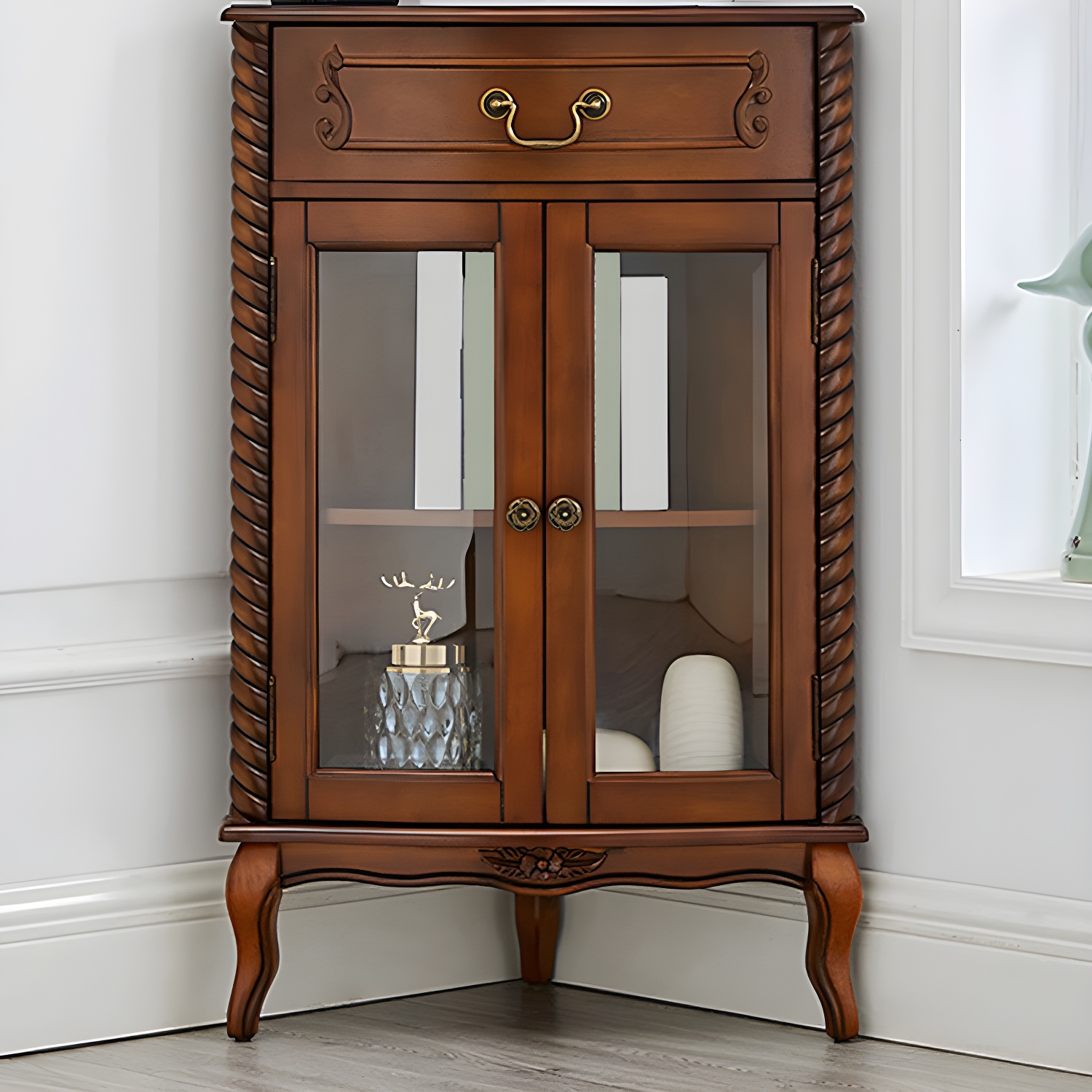 Mid-century Modern Brown Corner Cabinet, Wooden Accent Cabinet with Shelves