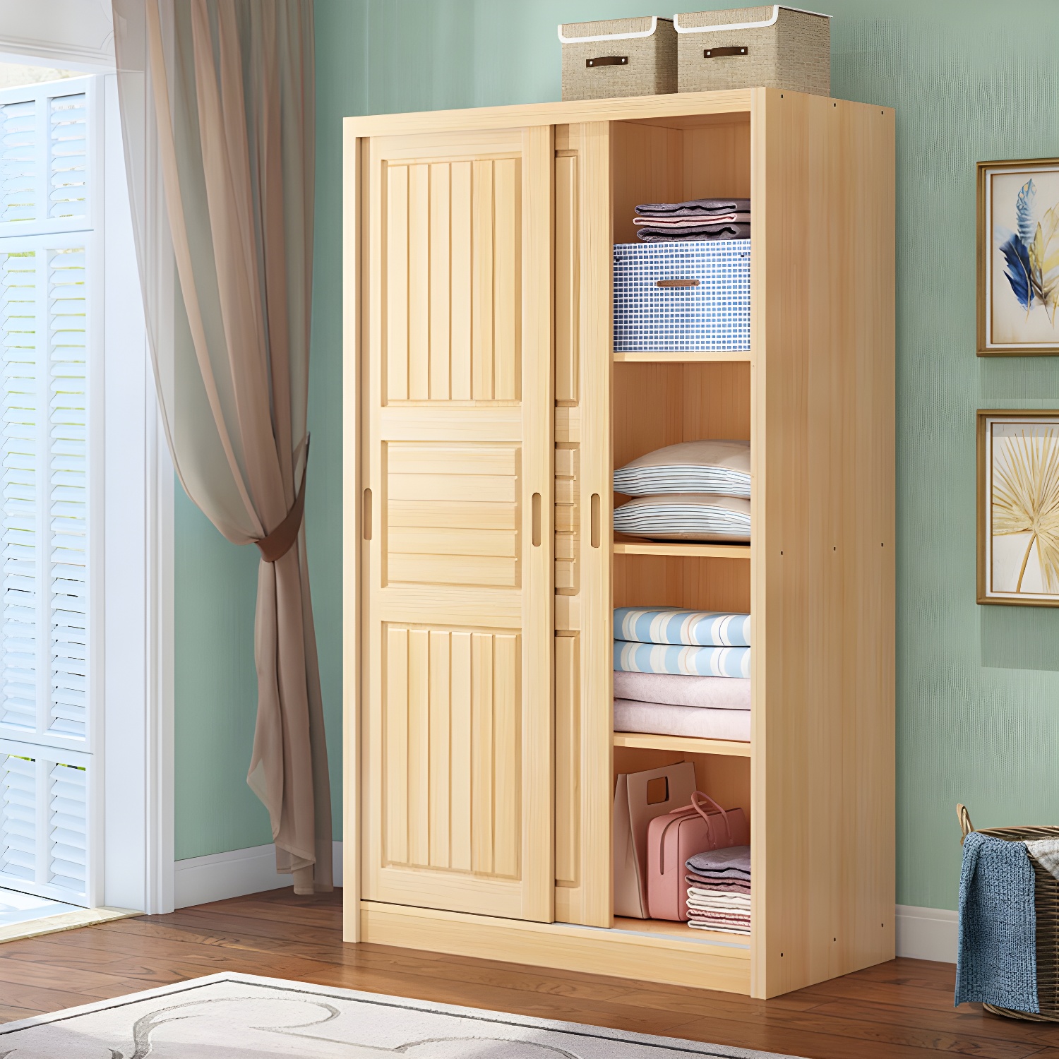 Contemporary Solid Wood Sliding Door Wardrobe Cabinet with Shelves