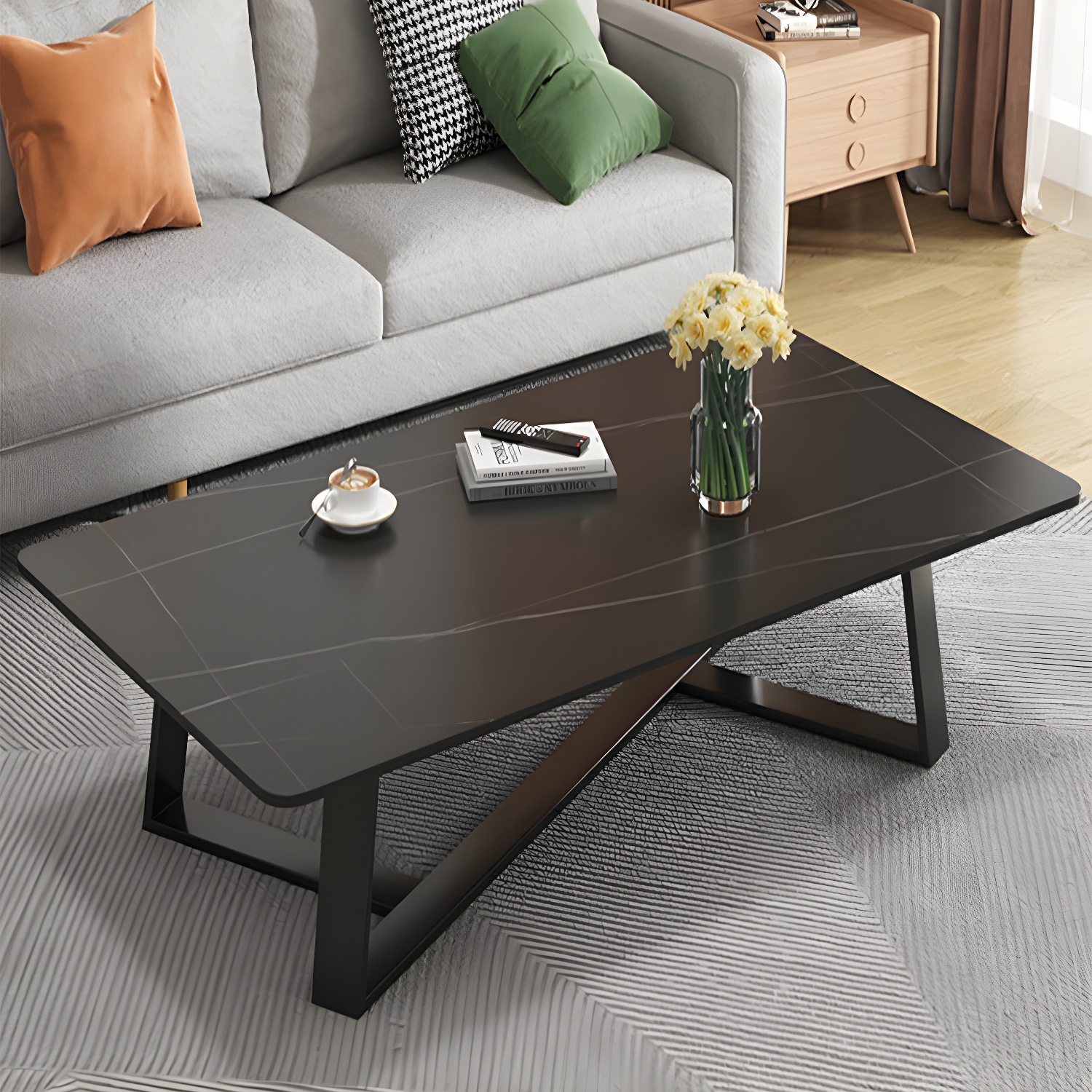 Stone and Metal Coffee Table Contemporary Coffee or End Table with Cross Legs - image 8