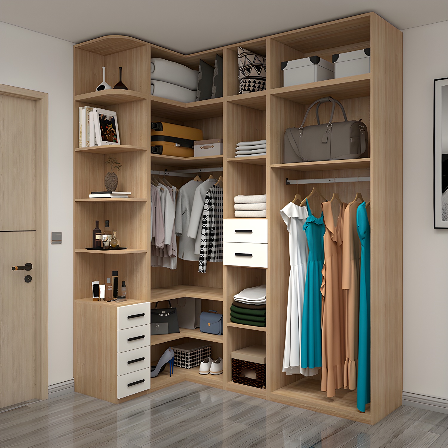 Contemporary Wooden Wardrobe Armoire 80" with Shelves & Soft Close Drawers - image 3