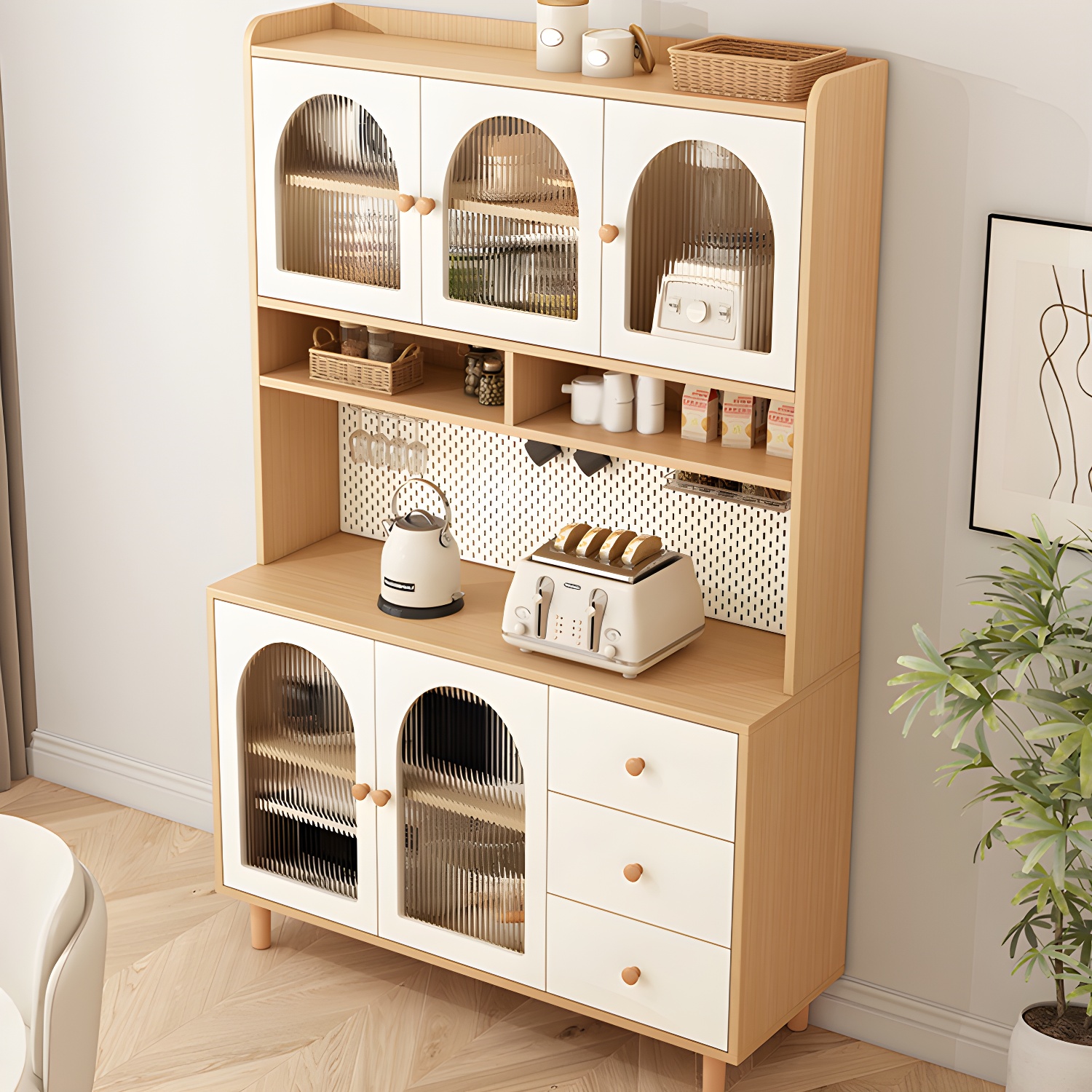 Scandinavian Wood Buffet 3 Cabinet Doors with Glass Interior Shelves - image 6
