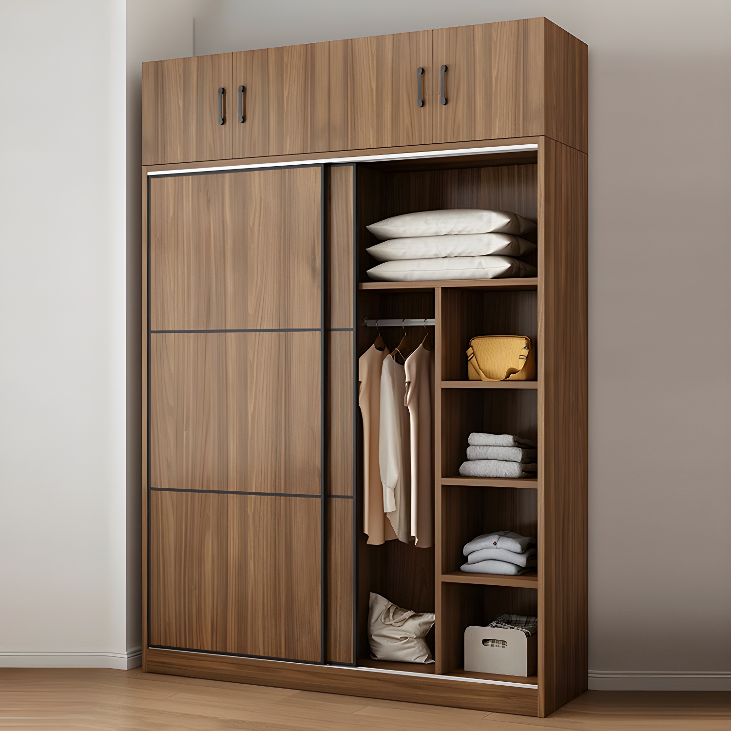 Non-Adjustable Traditional Brown Wood Wardrobe Armoire with Sliding Doors & Soft Close Drawers