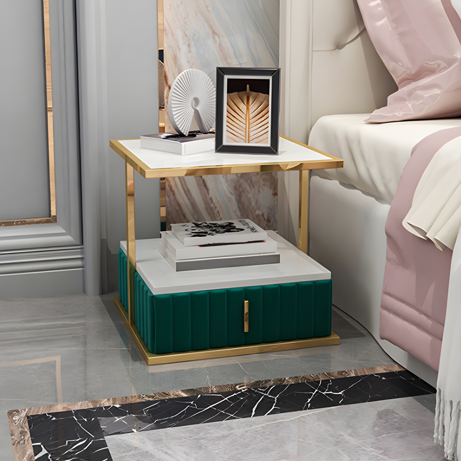 Modern Open Storage Nightstand Stone Top 20 Inch Tall 1-Drawer Night Table - image 13